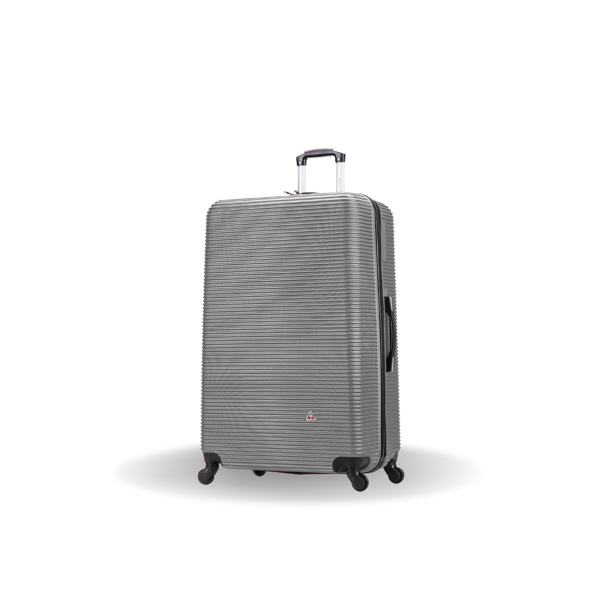 Gray striped suitcase on a white background