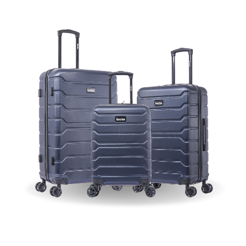 Set of three navy blue suitcases with 'Ivra' branding on a white background