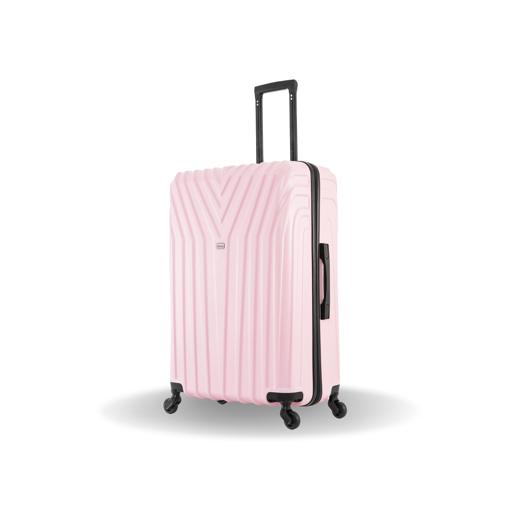 Pink suitcase with black wheels and handle on a white background