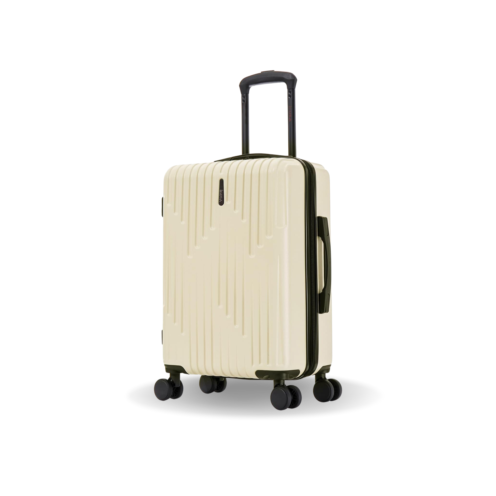 Beige suitcase with black handle and wheels on a white background
