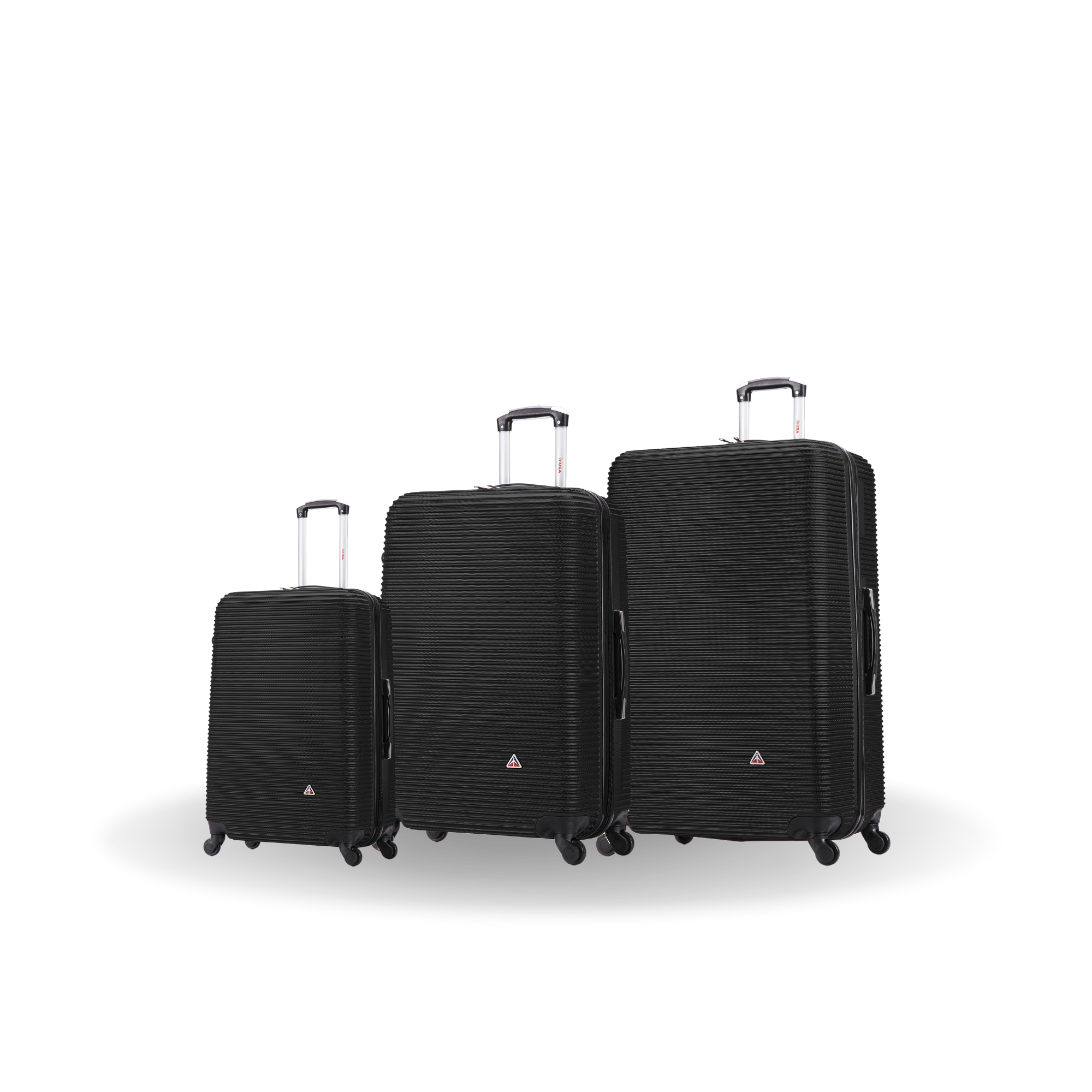Set of three black suitcases of different sizes on a white background