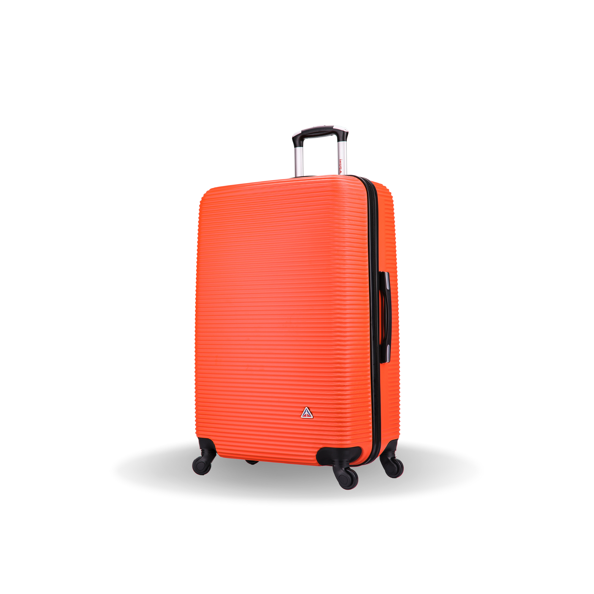 Orange suitcase with black wheels on a white background