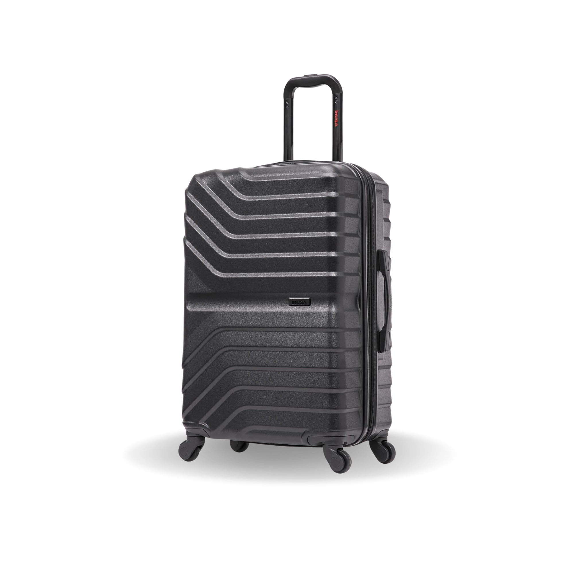 Black suitcase with a textured surface on a white background