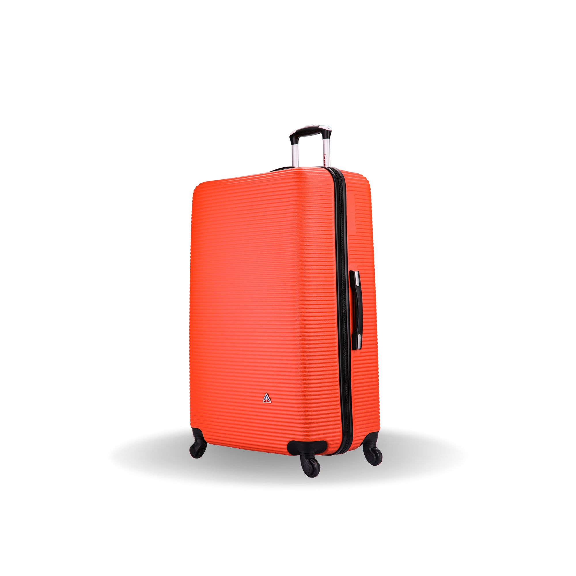 Orange suitcase with black accents on a white background