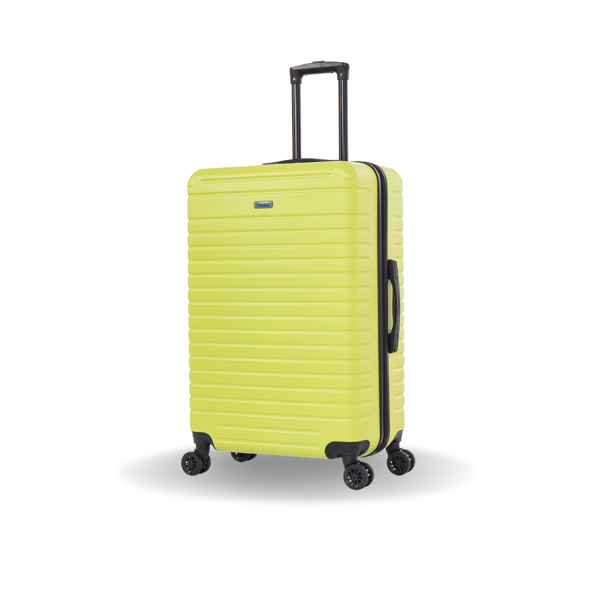 Yellow suitcase with black wheels and handle on a white background