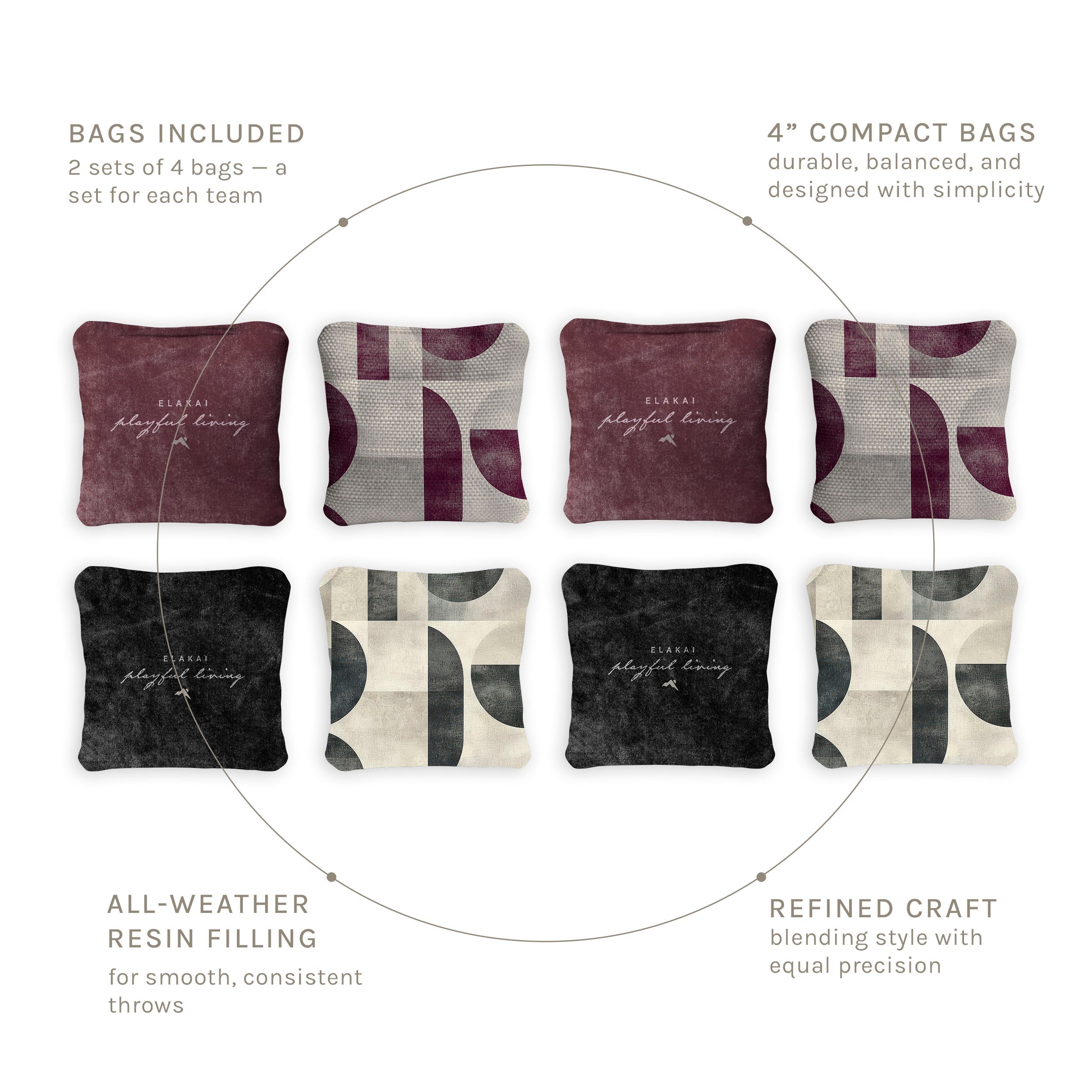 Set of eight decorative pillows with text describing product features on a white background