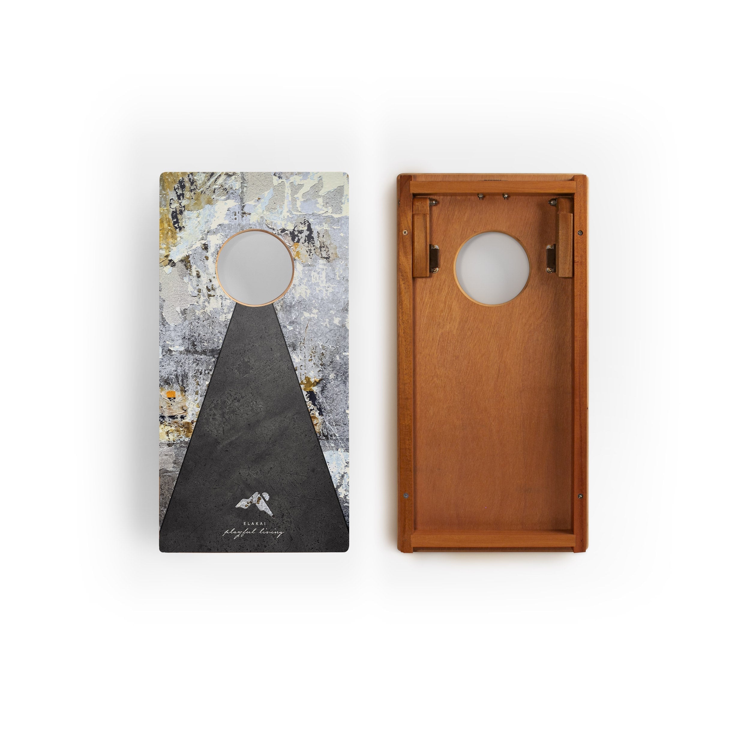 Two cornhole boards, one with a textured design and the other with a wooden finish, on a white background.