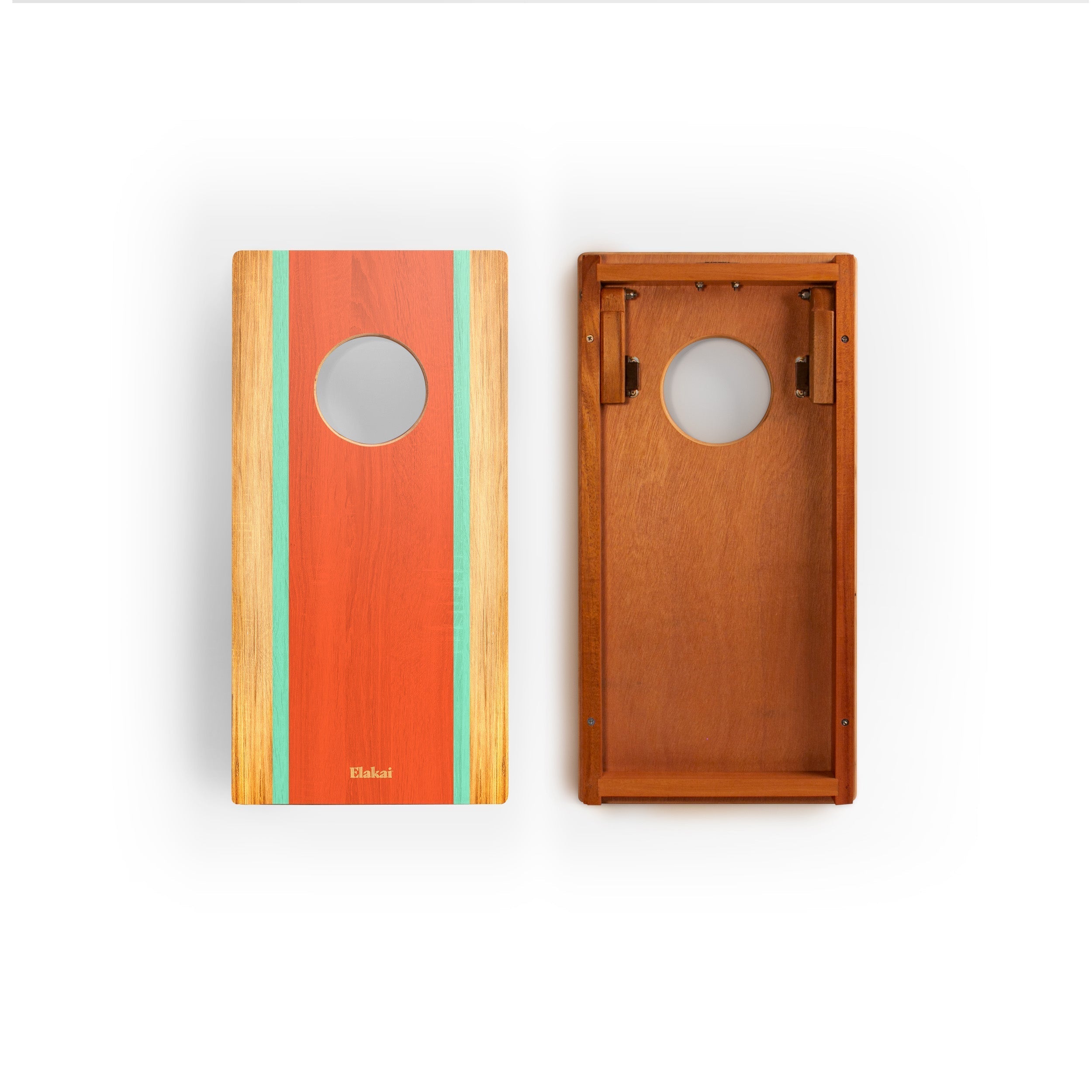 Two wooden cornhole boards, one with colorful stripes and the other plain, on a white background.