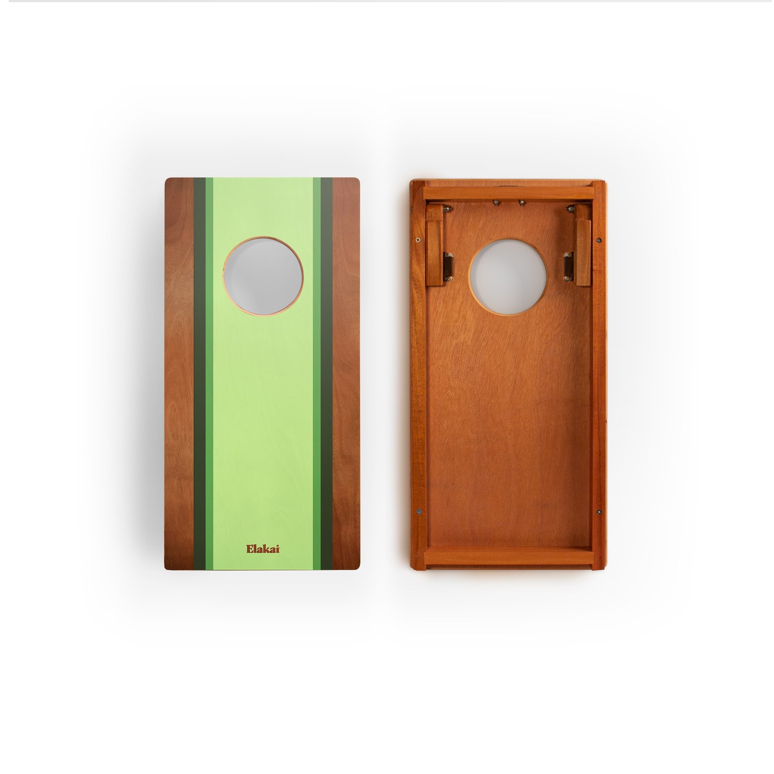 Two wooden cornhole boards with a green stripe and 'Elkay' branding on a white background.