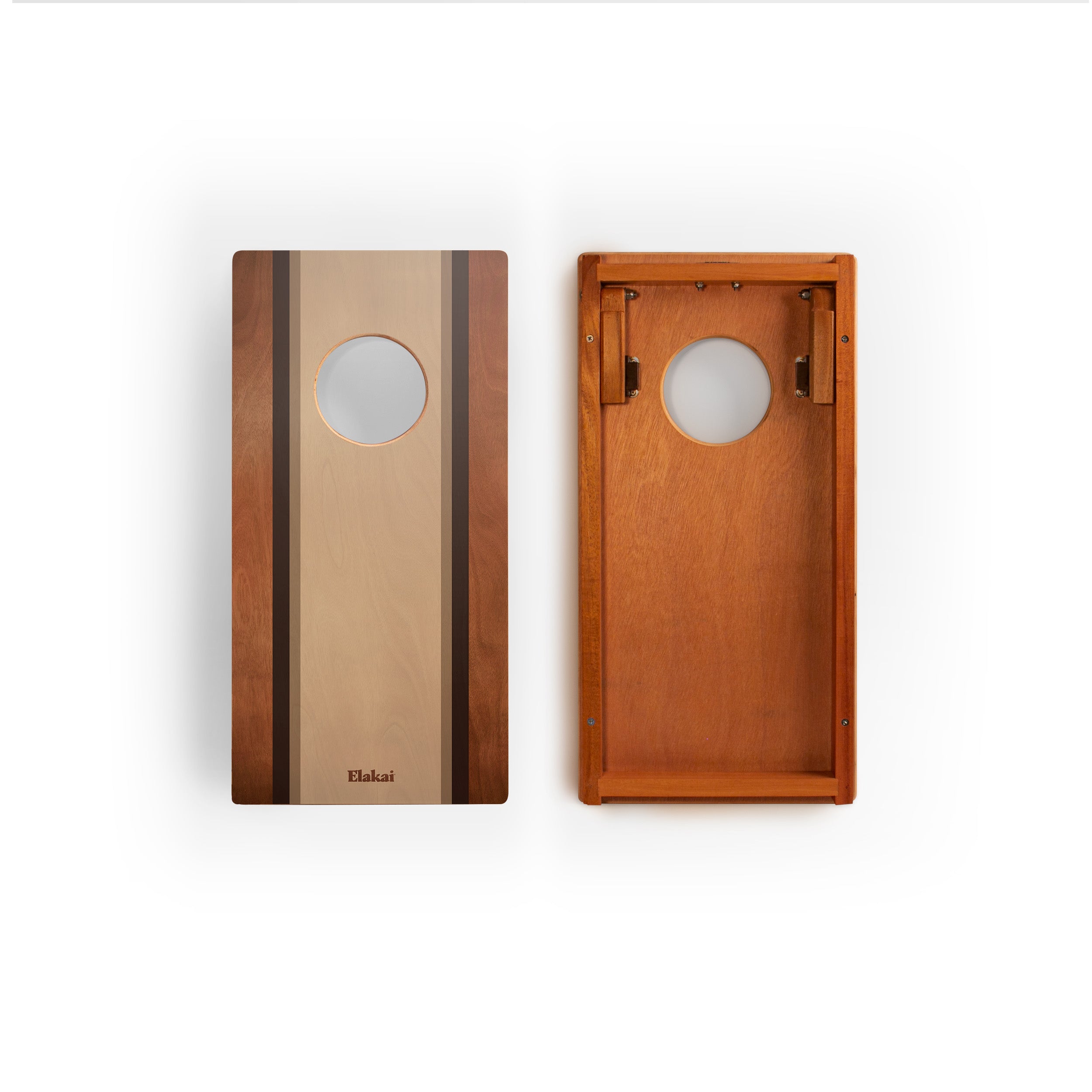 Two wooden cornhole boards with a striped design on a white background