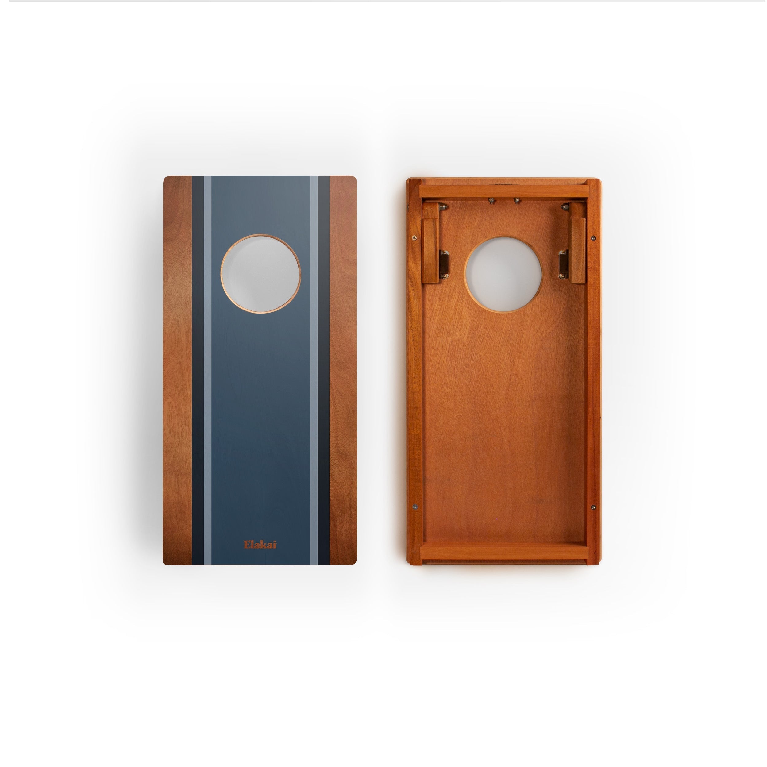 Two wooden cornhole boards, one blue with a stripe and one brown, on a white background.