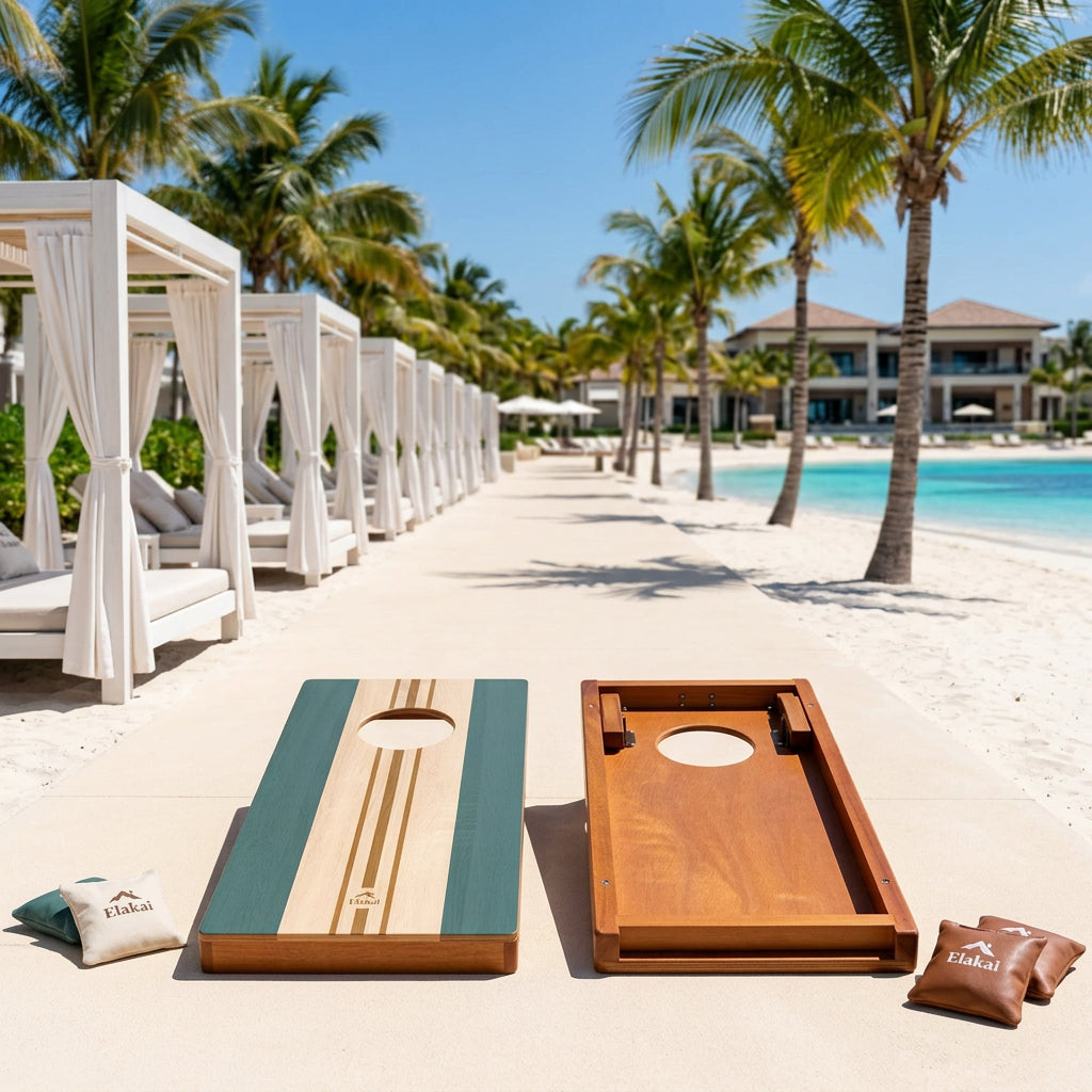 Two wooden cornhole boards shown side by side on a white background. The left board has a green and natural wood striped design with a circular hole, and the right board shows the natural wood interior with a circular hole.