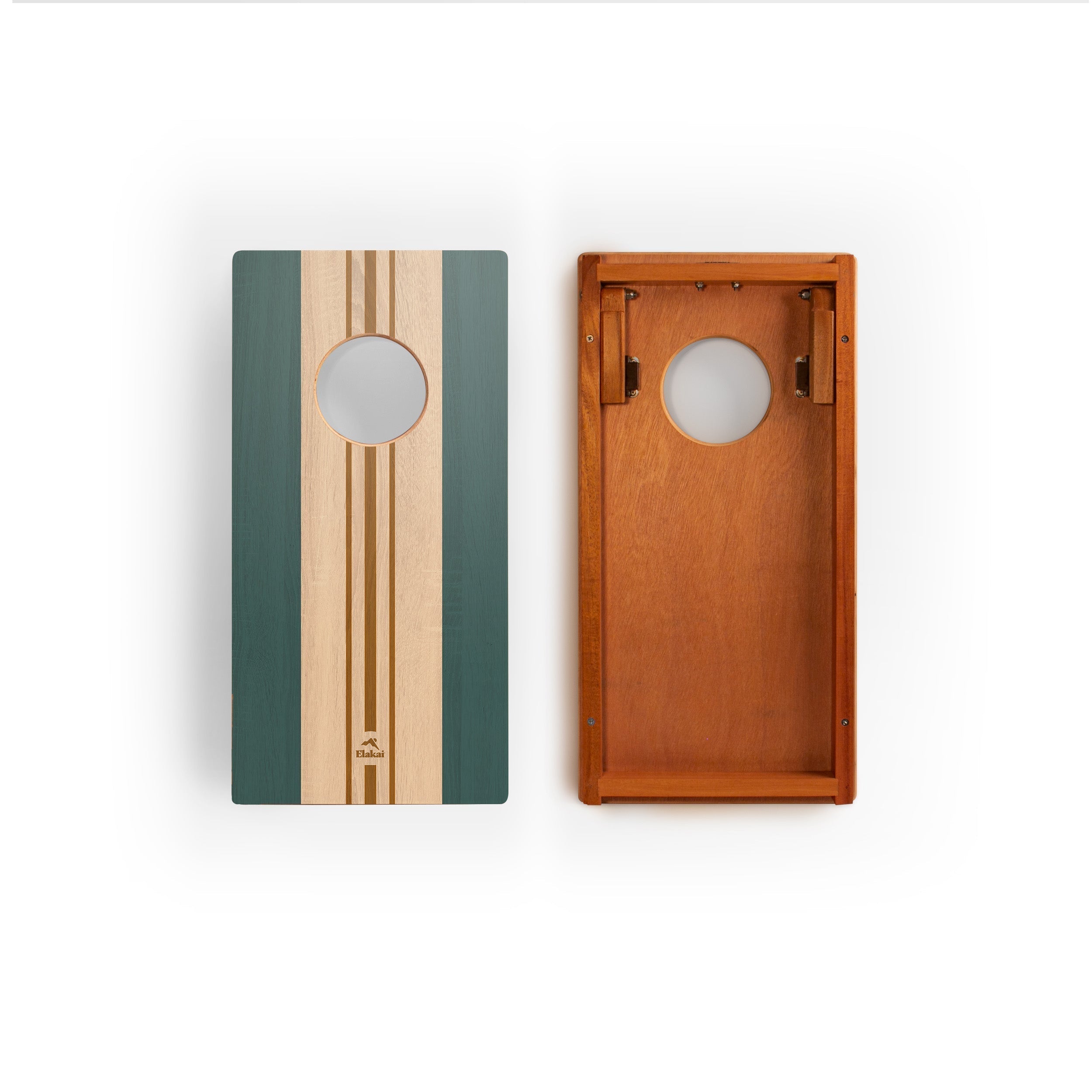 Two wooden cornhole boards shown side by side on a white background. The left board has a green and natural wood striped design with a circular hole, and the right board shows the natural wood interior with a circular hole.