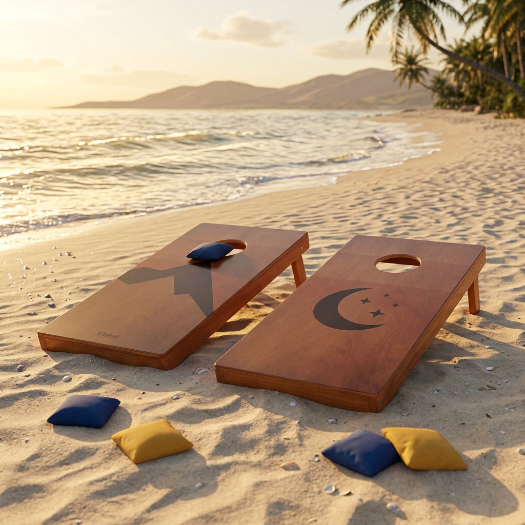 Two wooden boards with mountain and moon designs on a white background