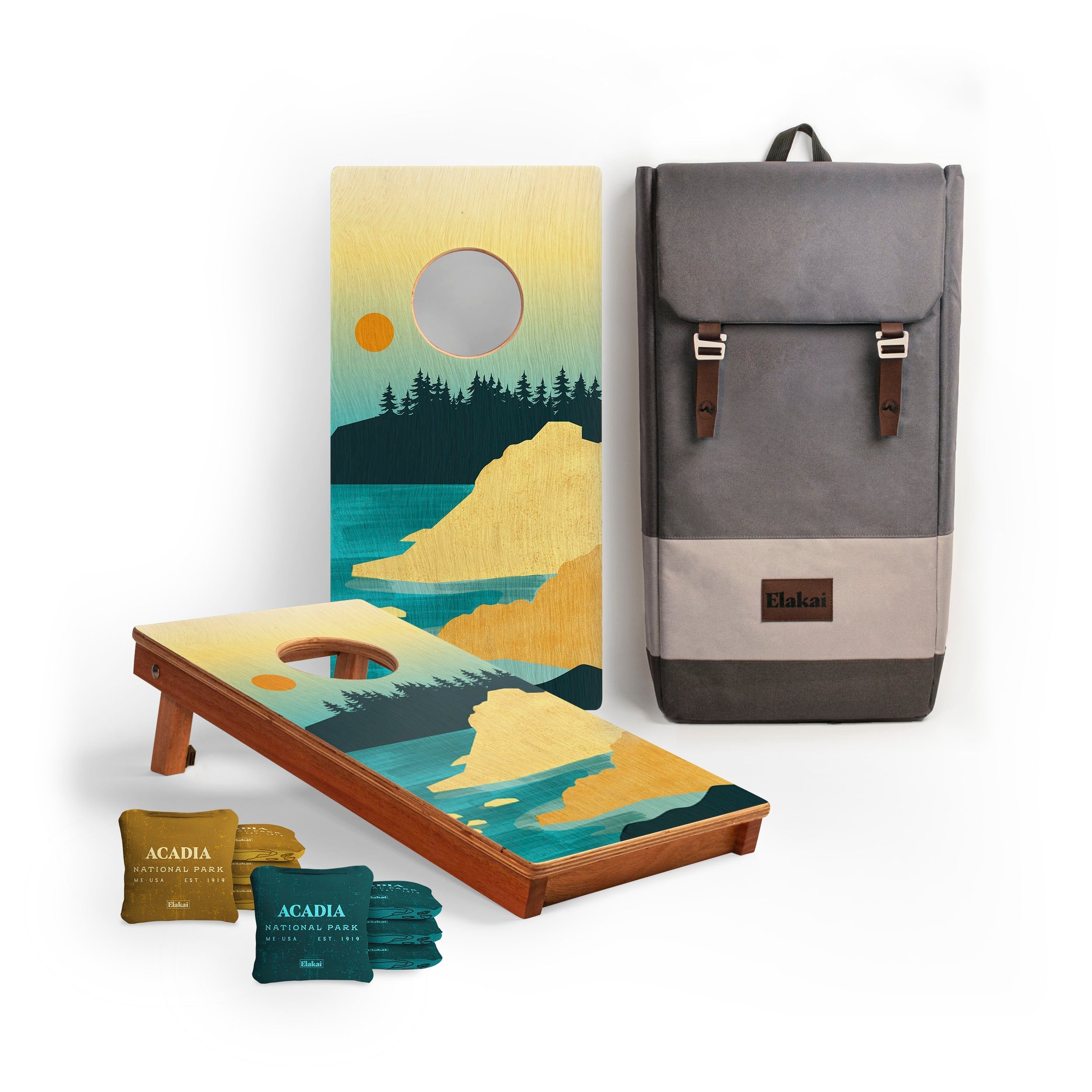 Cornhole boards with nature design and backpack on a white background