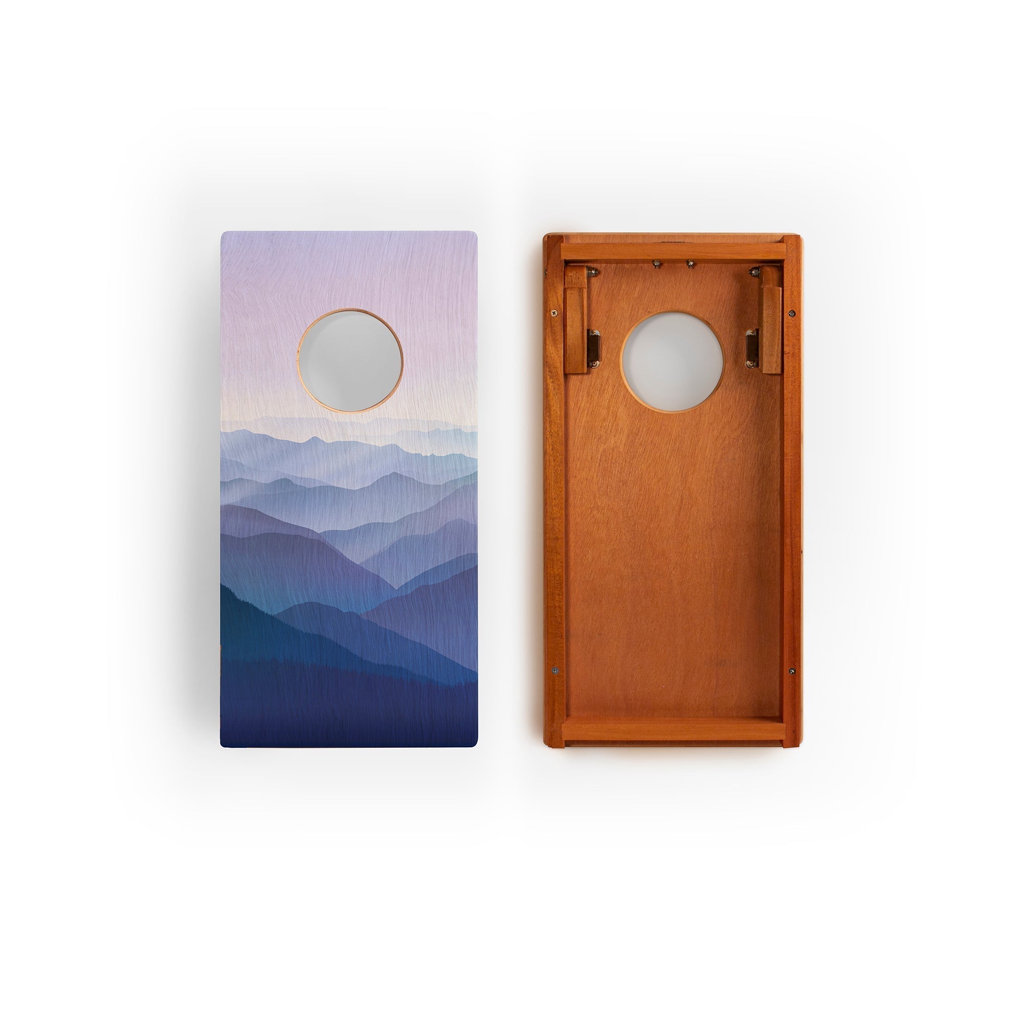 Two wooden boards with mountain landscape design on a white background