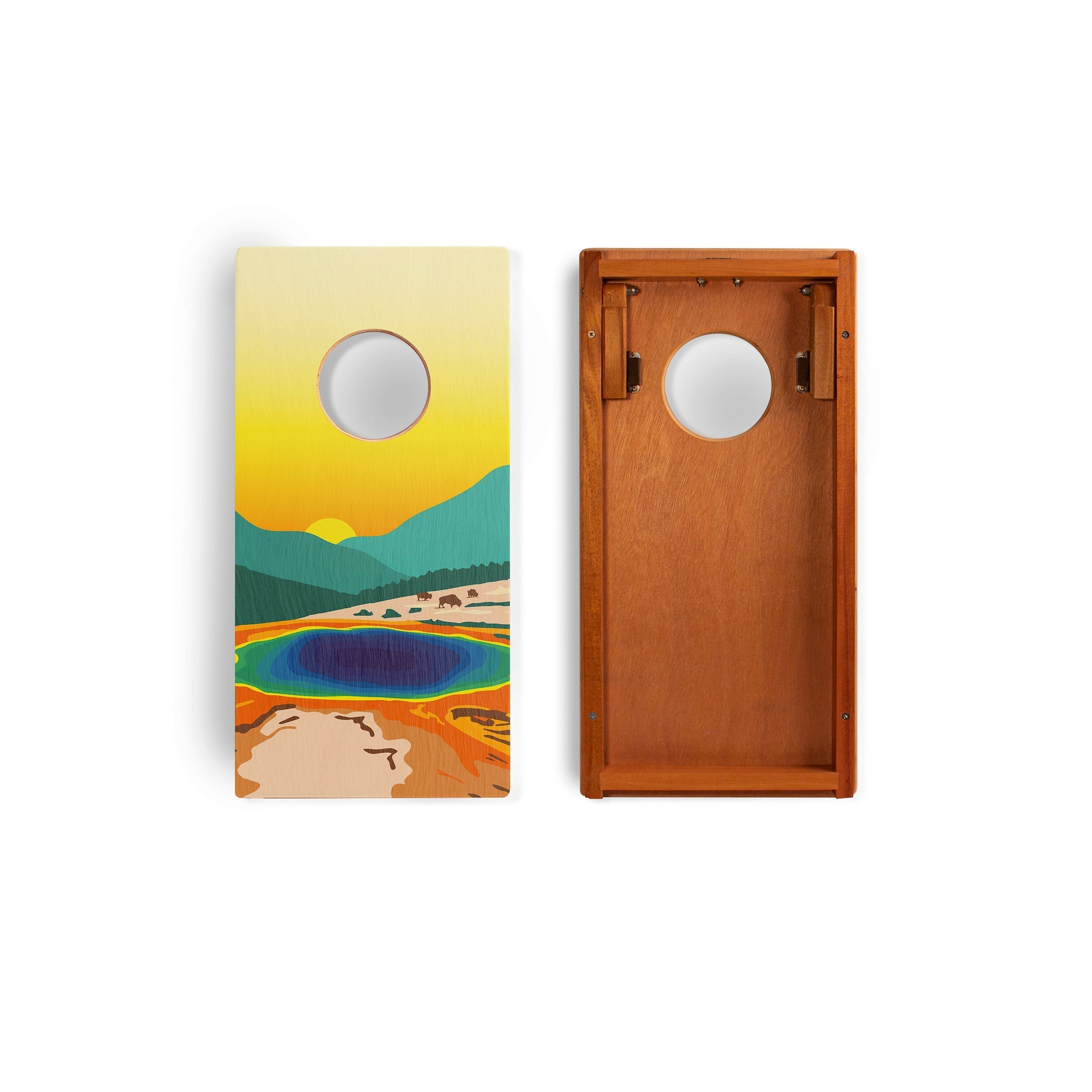 Two cornhole boards with a landscape design and wooden finish on a white background