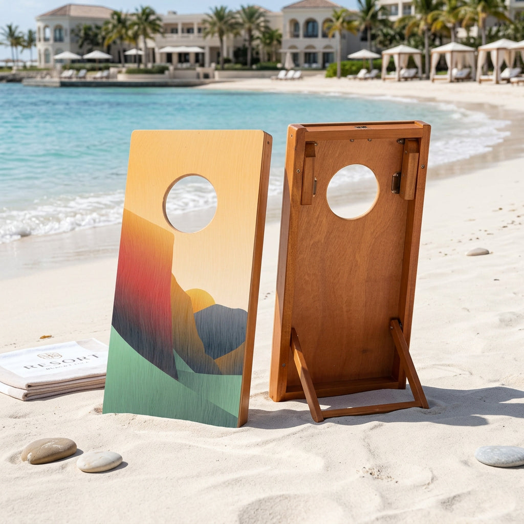 Two cornhole boards with one featuring a mountain landscape design on a white background