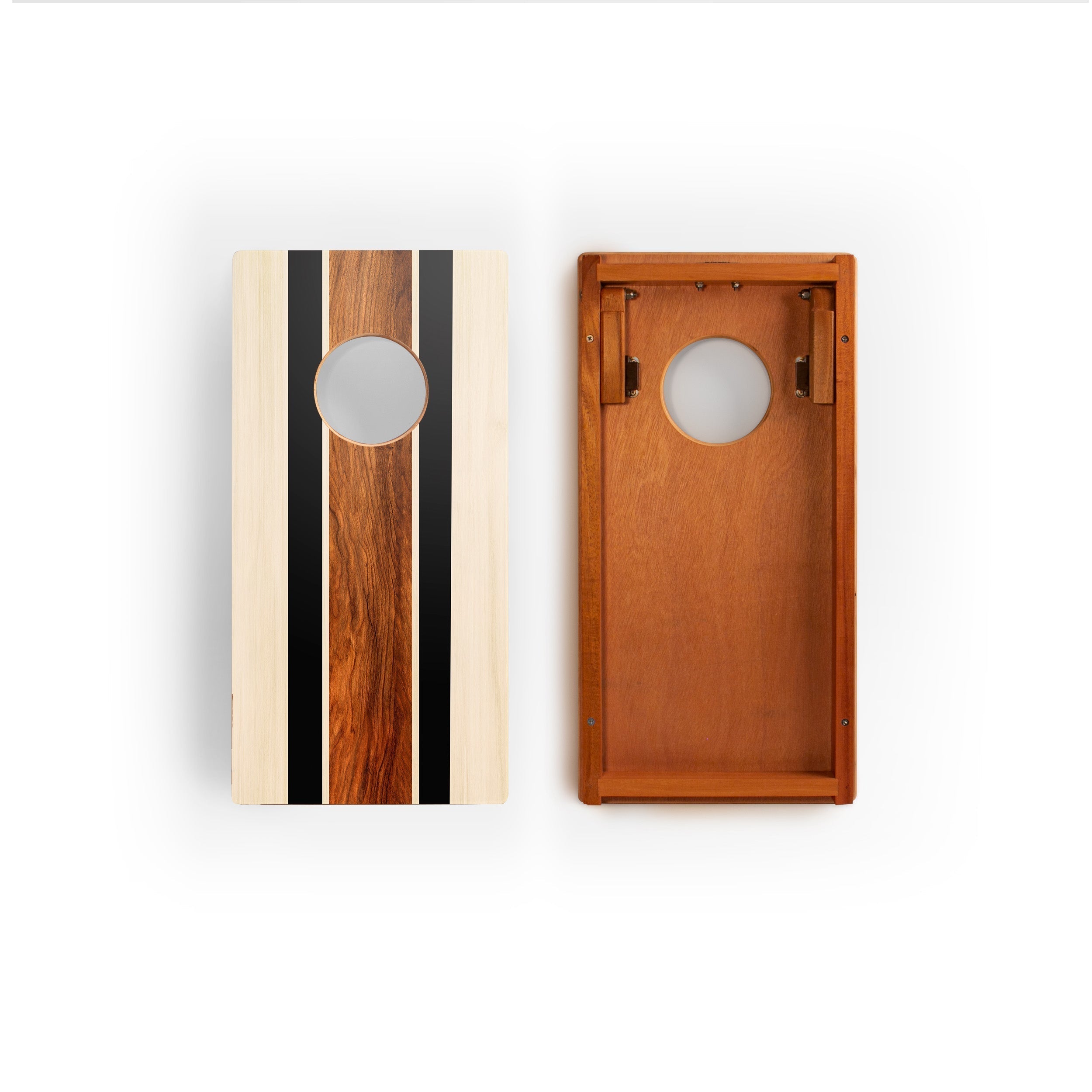 Two wooden cornhole boards with different designs on a white background