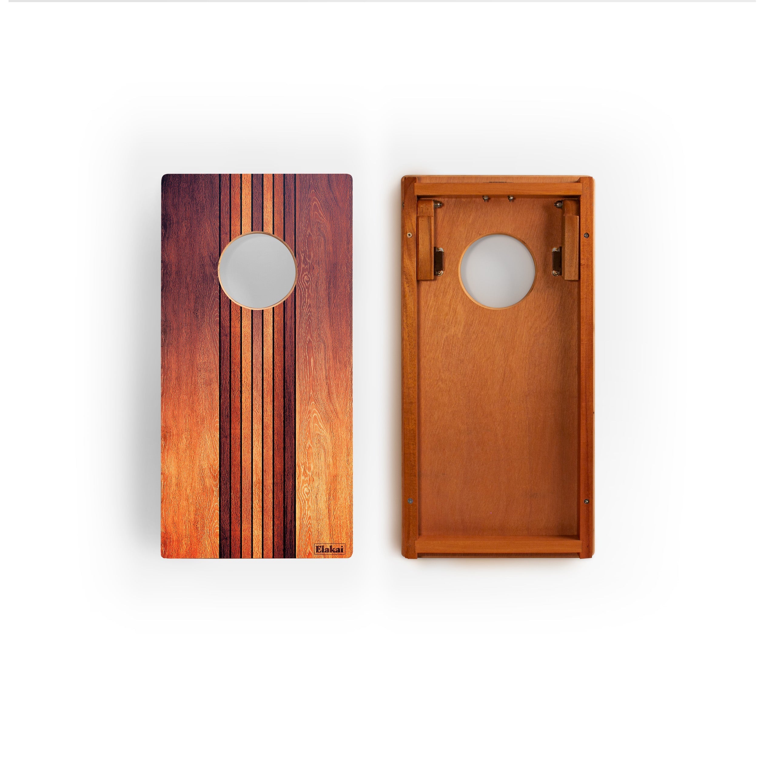 Two wooden cornhole boards with a striped pattern on a white background