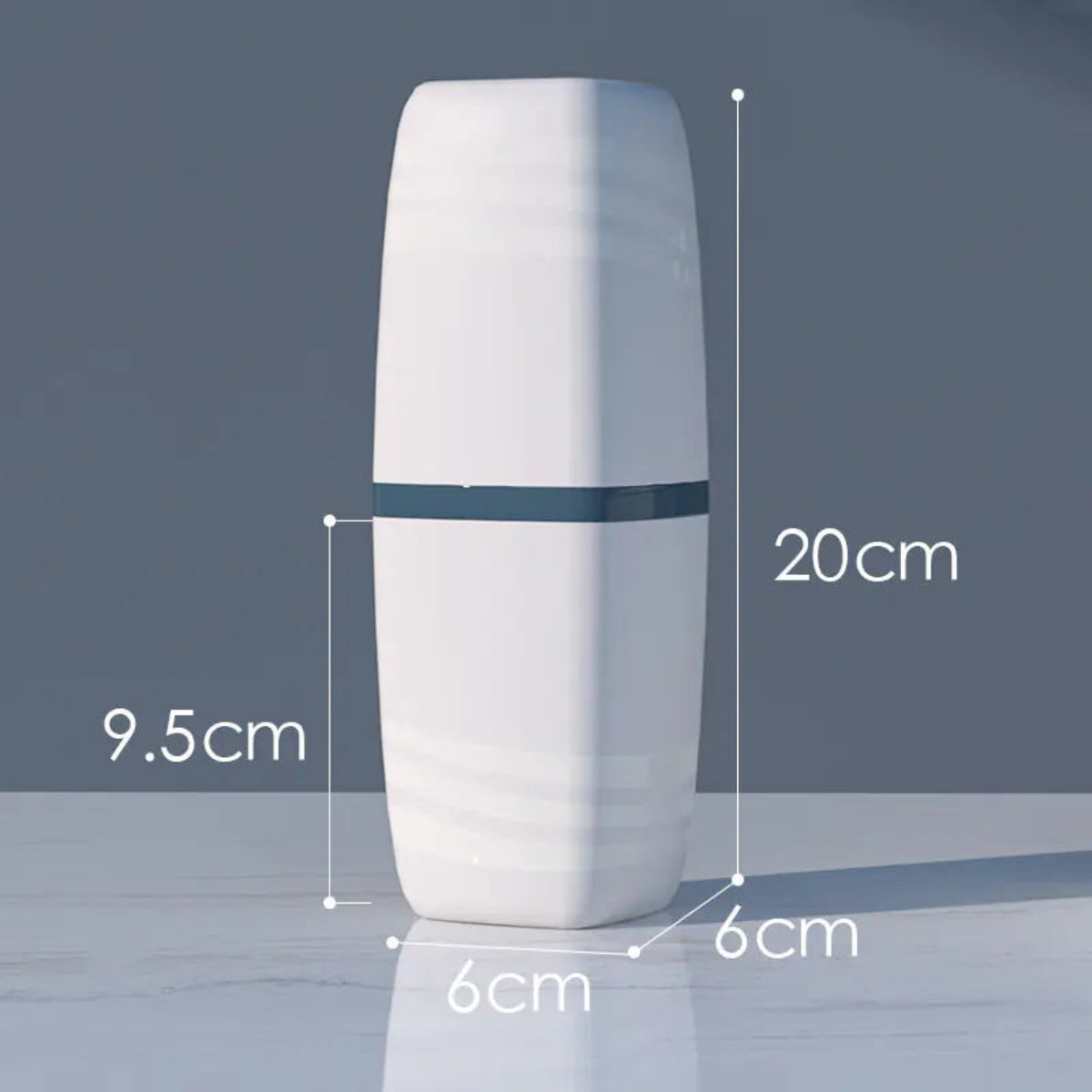 White cylindrical container with measurements on a dark background