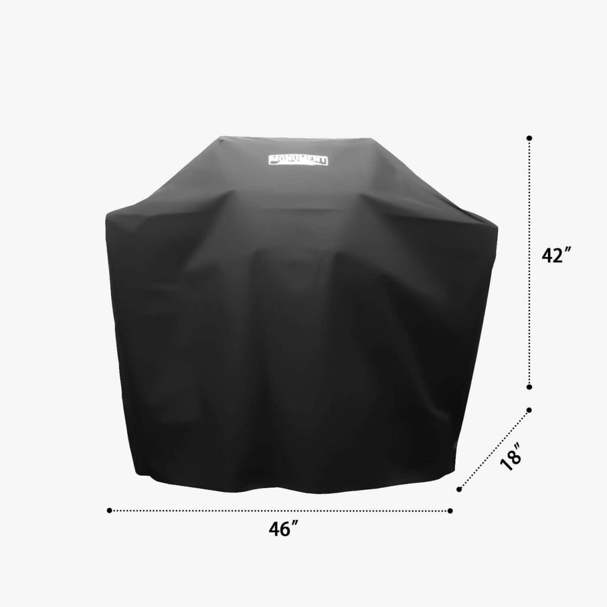 Black grill cover with dimensions on a white background