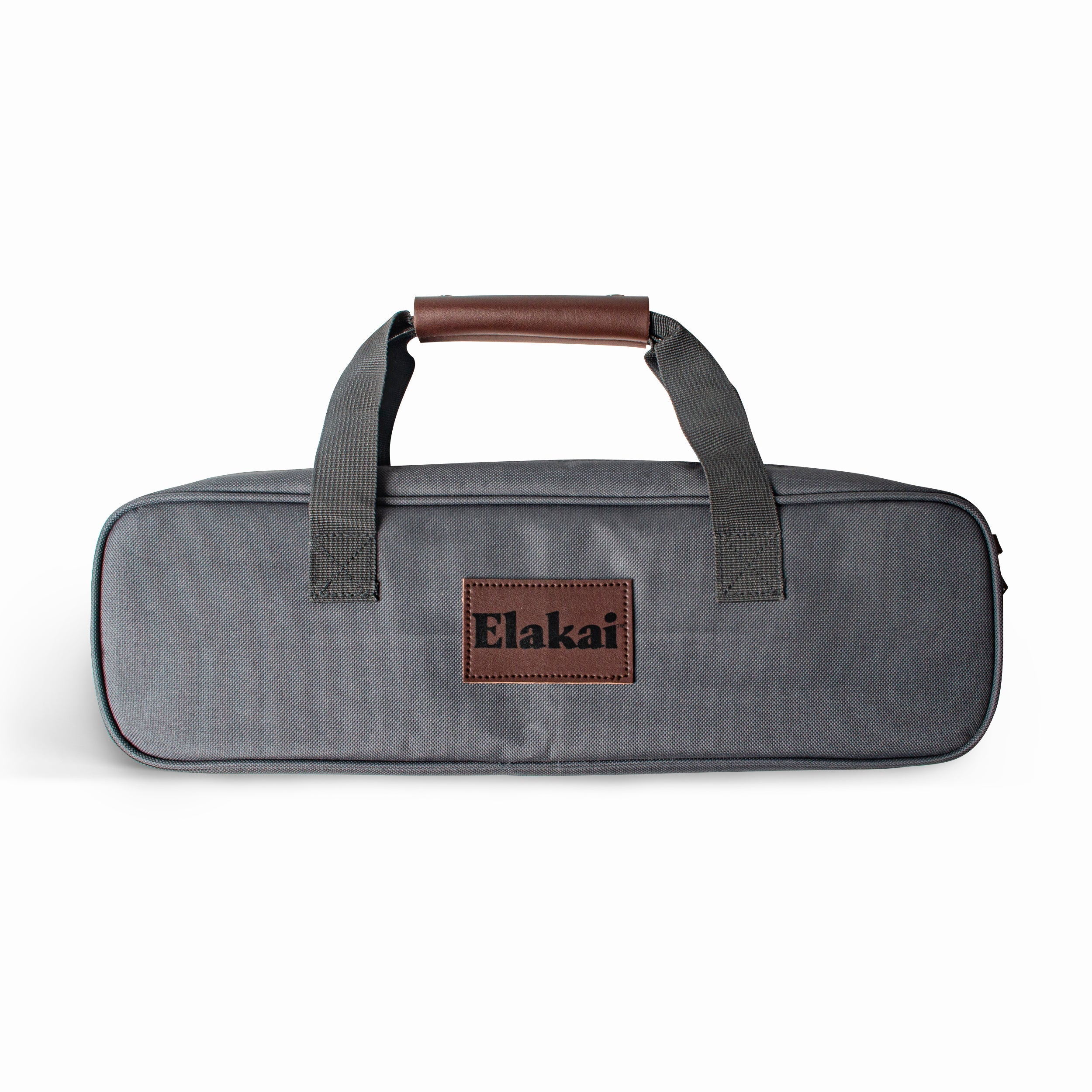 Gray bag with brown handle and Elakai logo on a white background