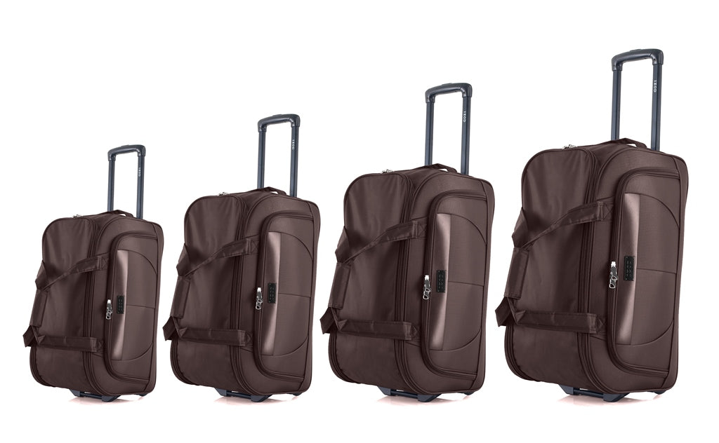 Four brown suitcases with wheels and handles on a white background