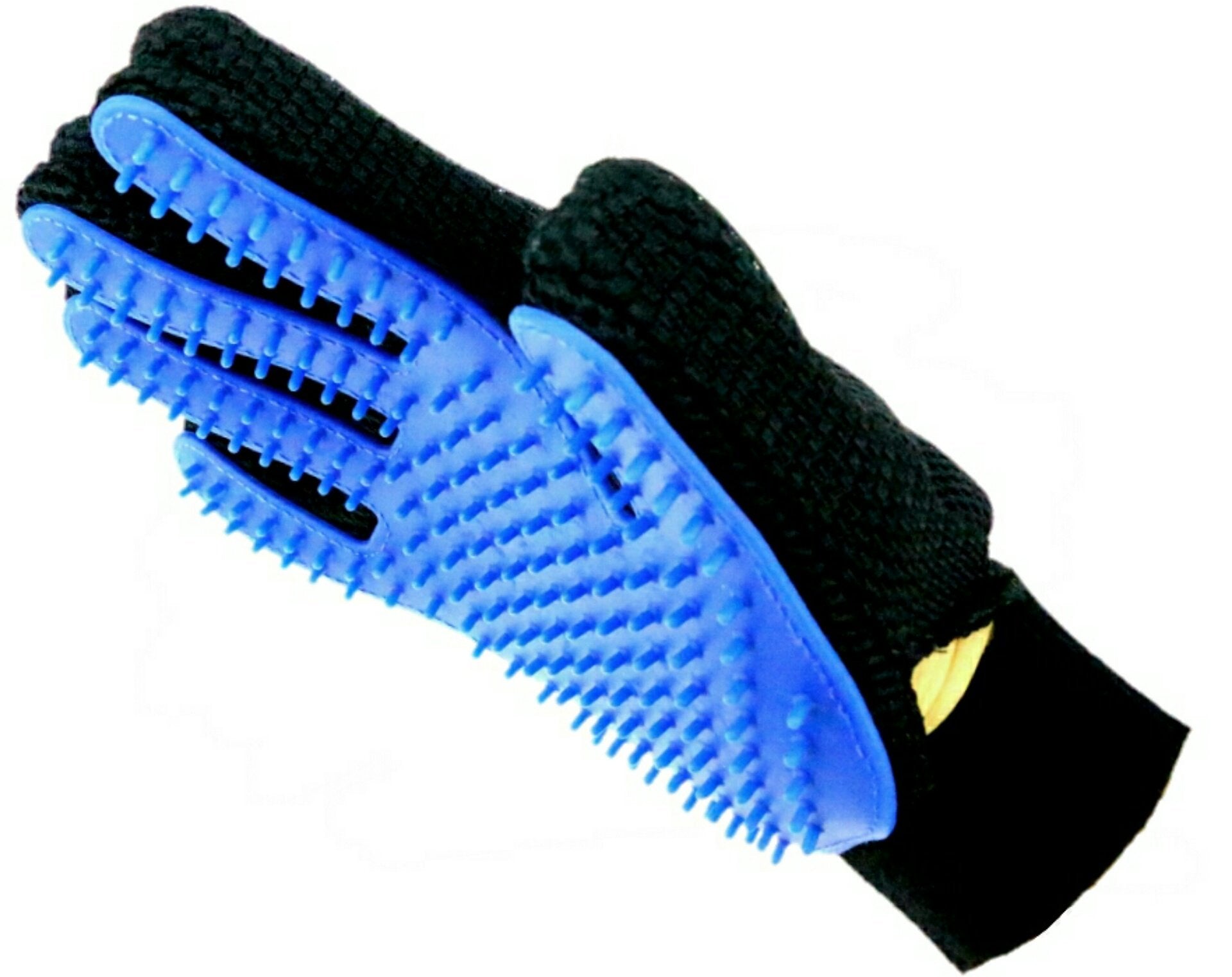 Black grooming glove with blue brush on a white background