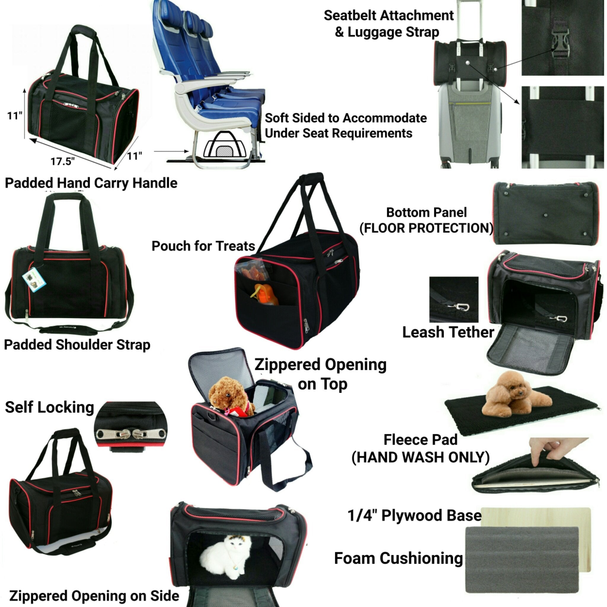 Pet travel carrier with various features labeled on a white background