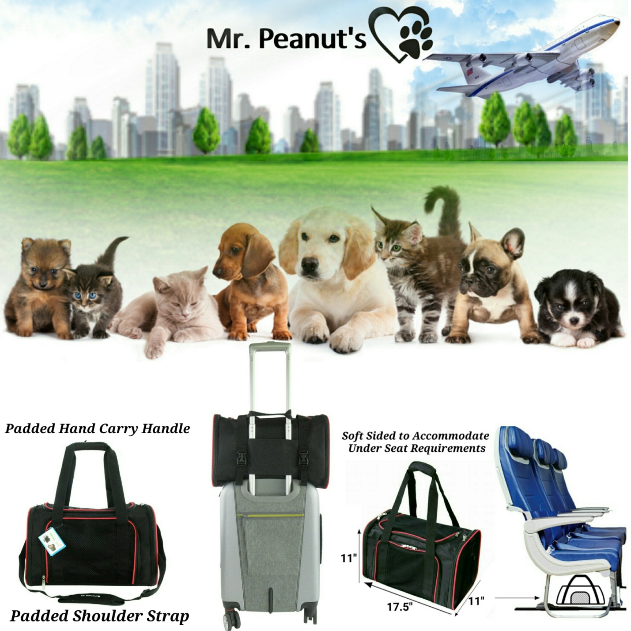 Promotional graphic for Mr. Peanut's pet travel products with various pets and luggage.