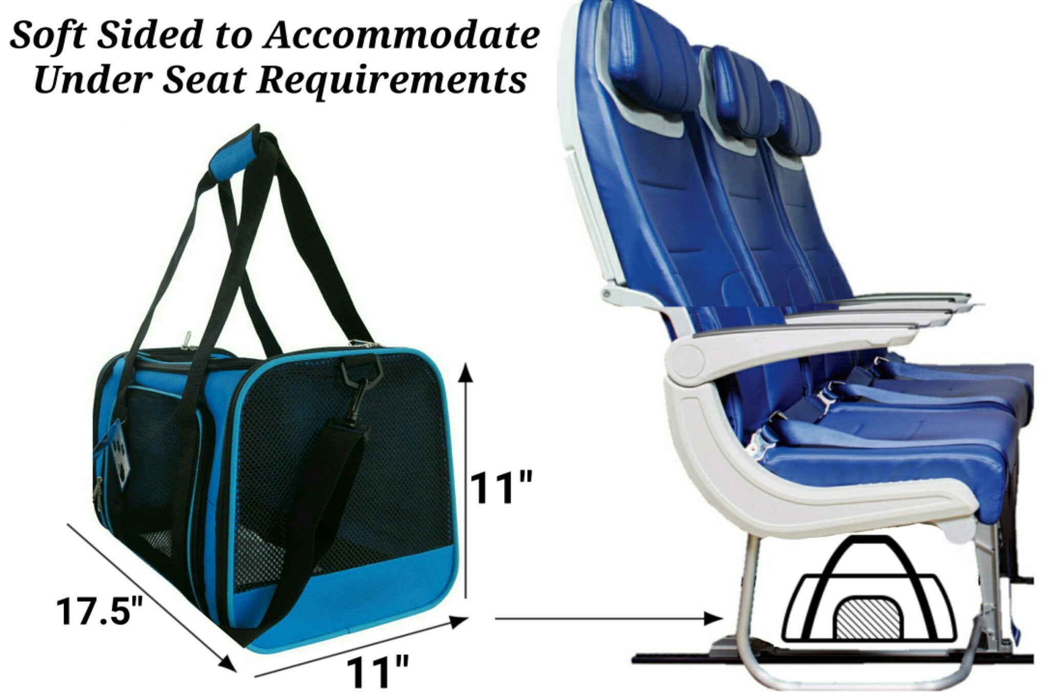 Blue soft-sided pet carrier with dimensions and an airplane seat for comparison.