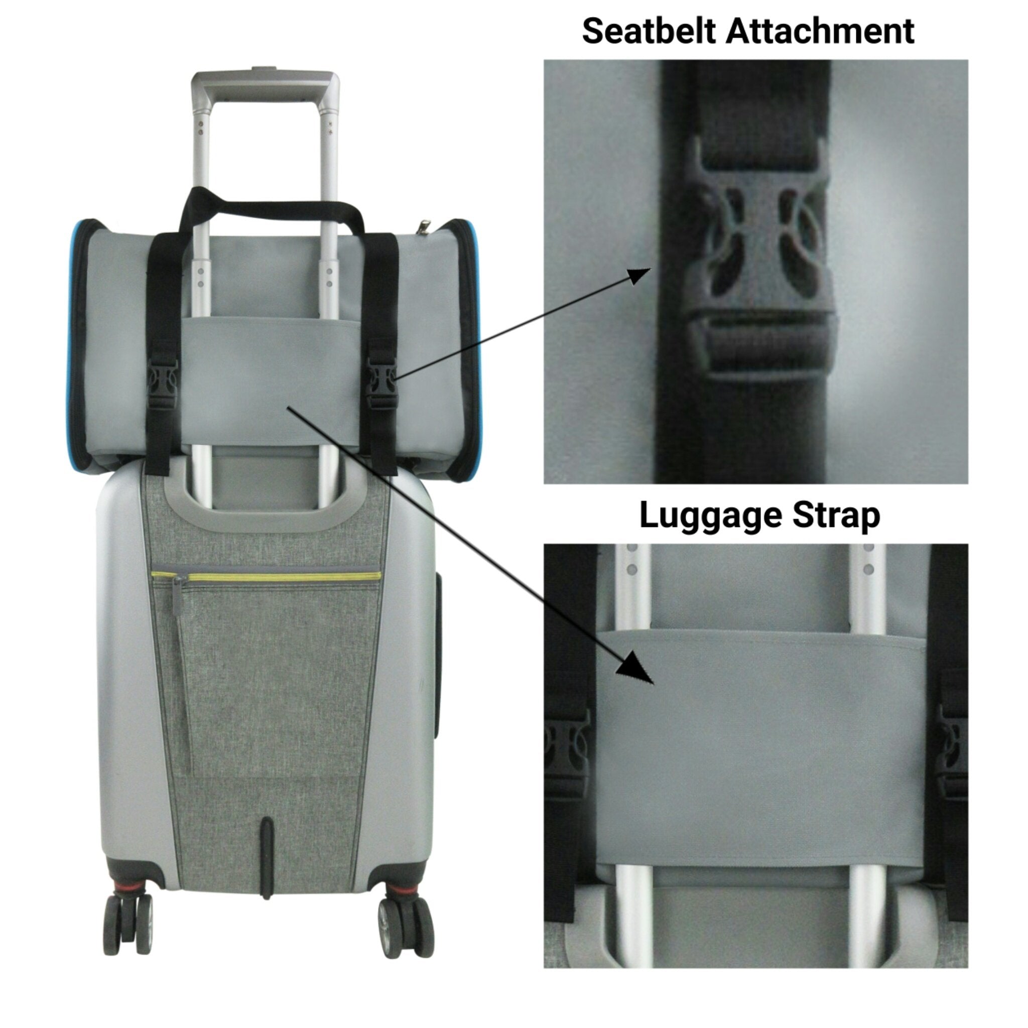 Gray suitcase with seatbelt attachment and luggage strap, showing close-up details.