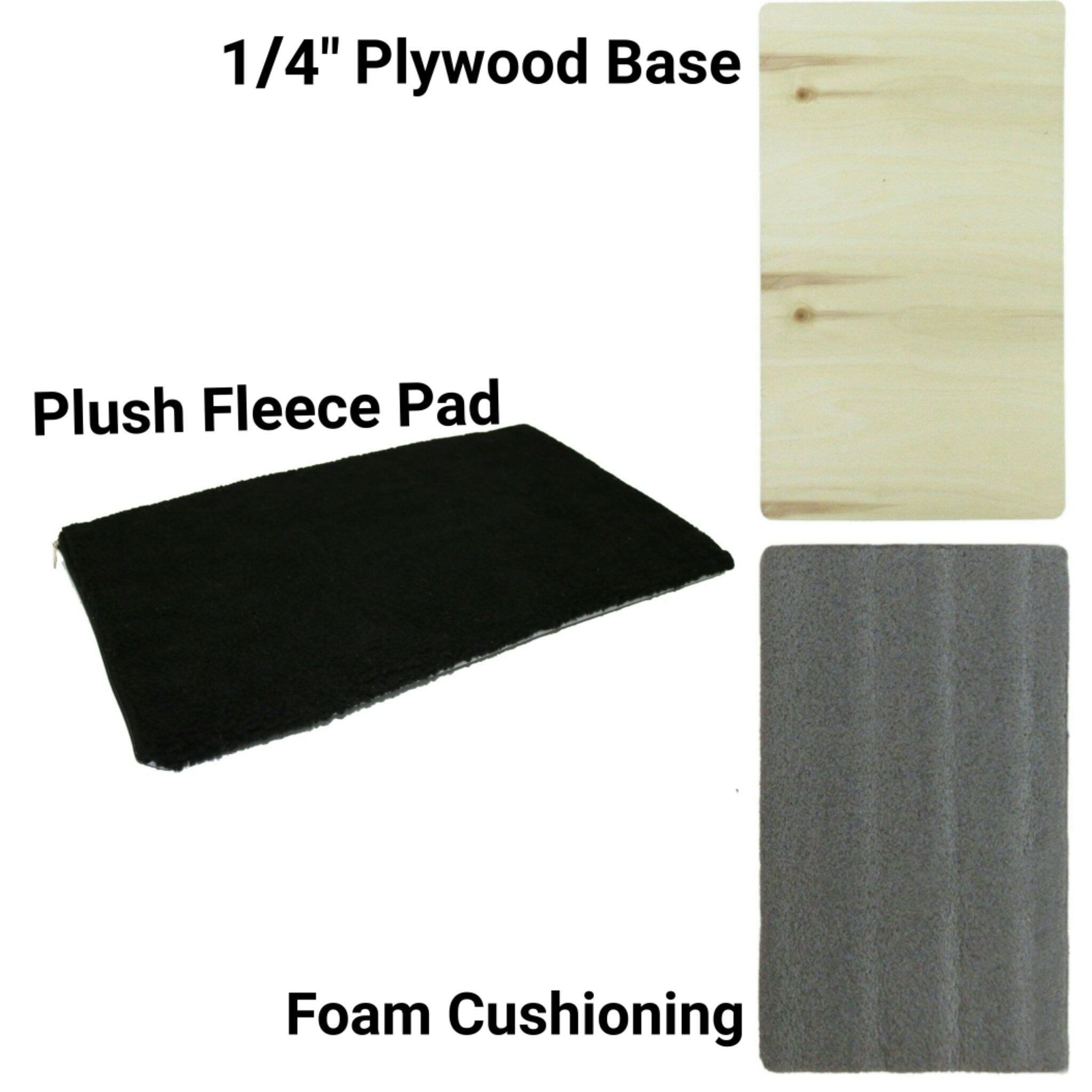 Three components of a pet bed: 1/4" plywood base, plush fleece pad, and foam cushioning, displayed on a white background.