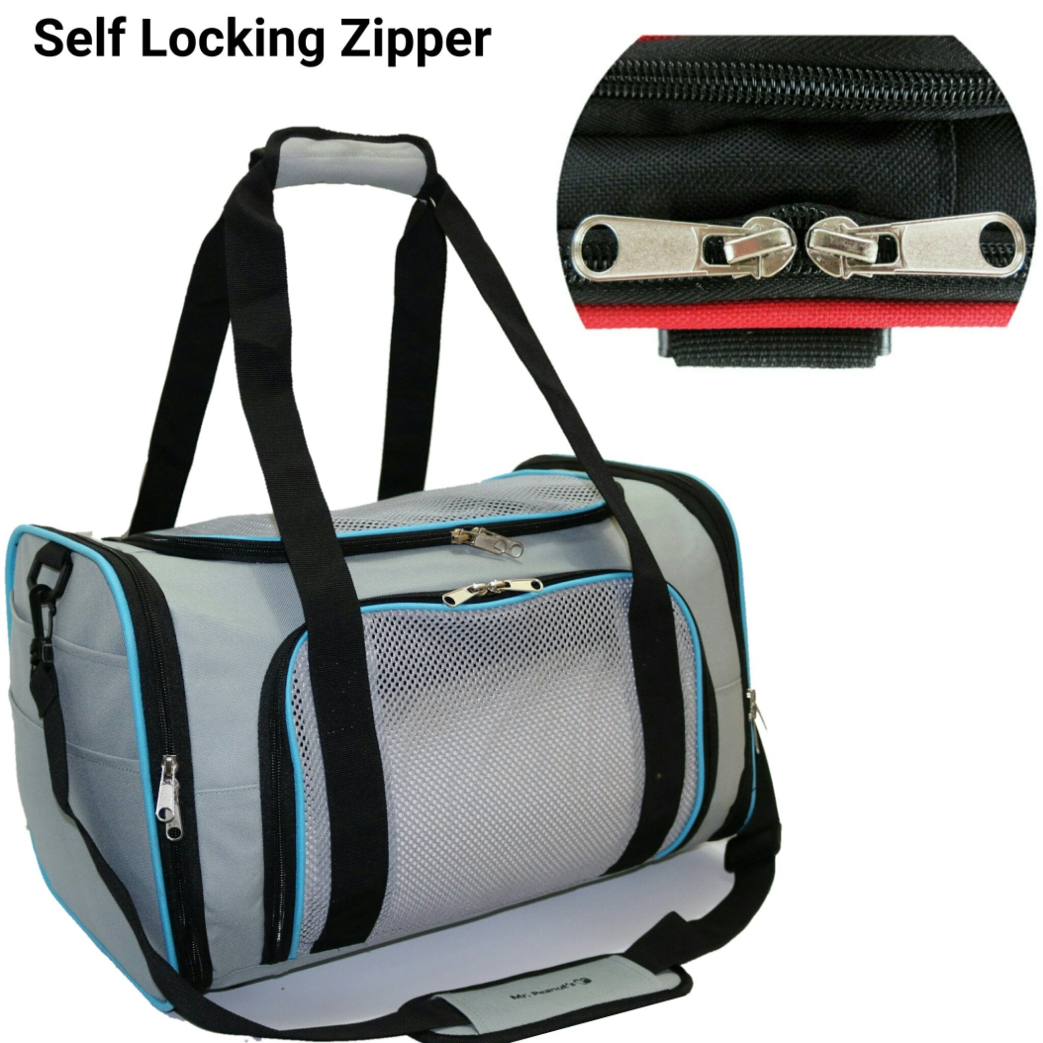 Gray pet carrier with black straps and a close-up of a self-locking zipper.