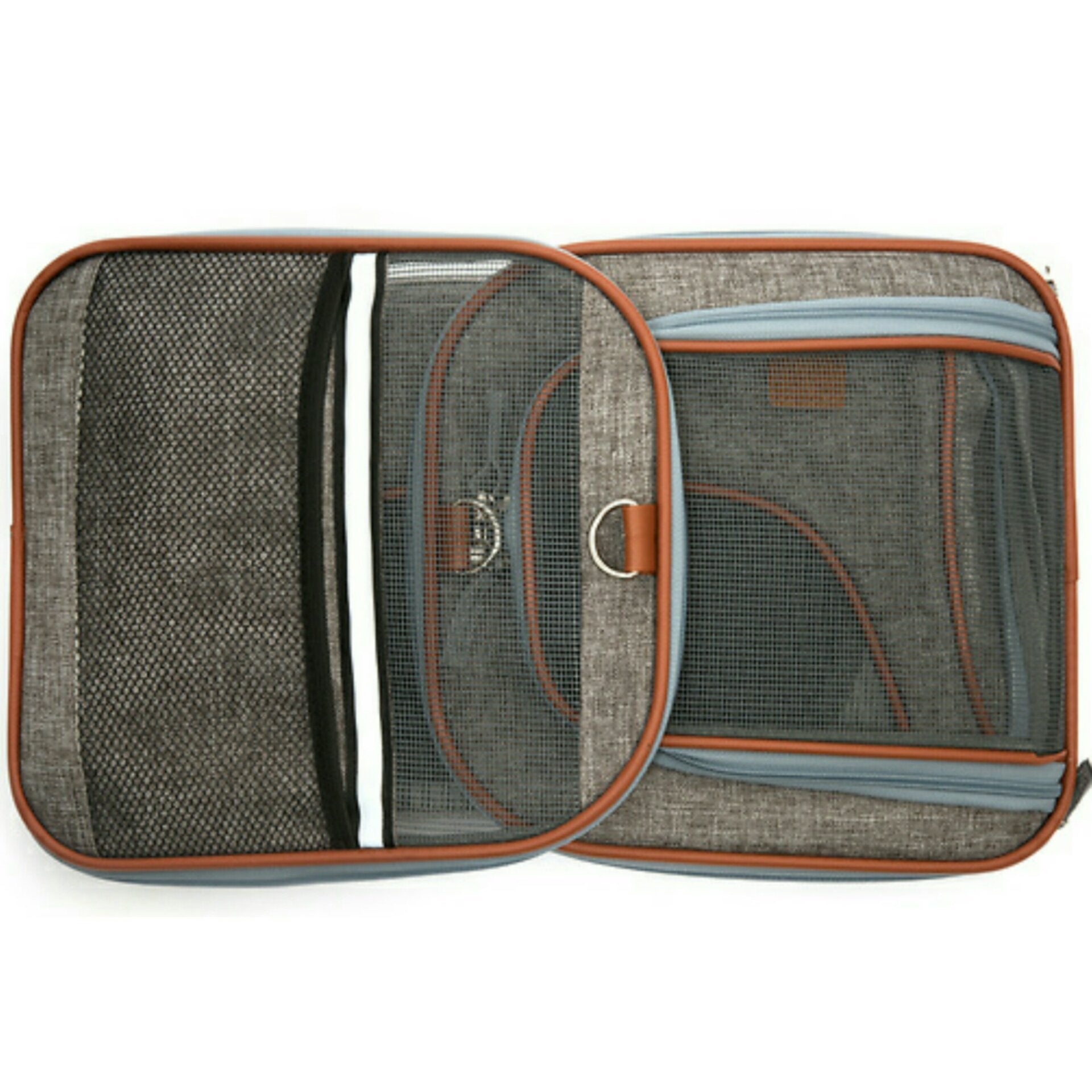 Set of gray travel packing cubes with mesh compartments on a white background