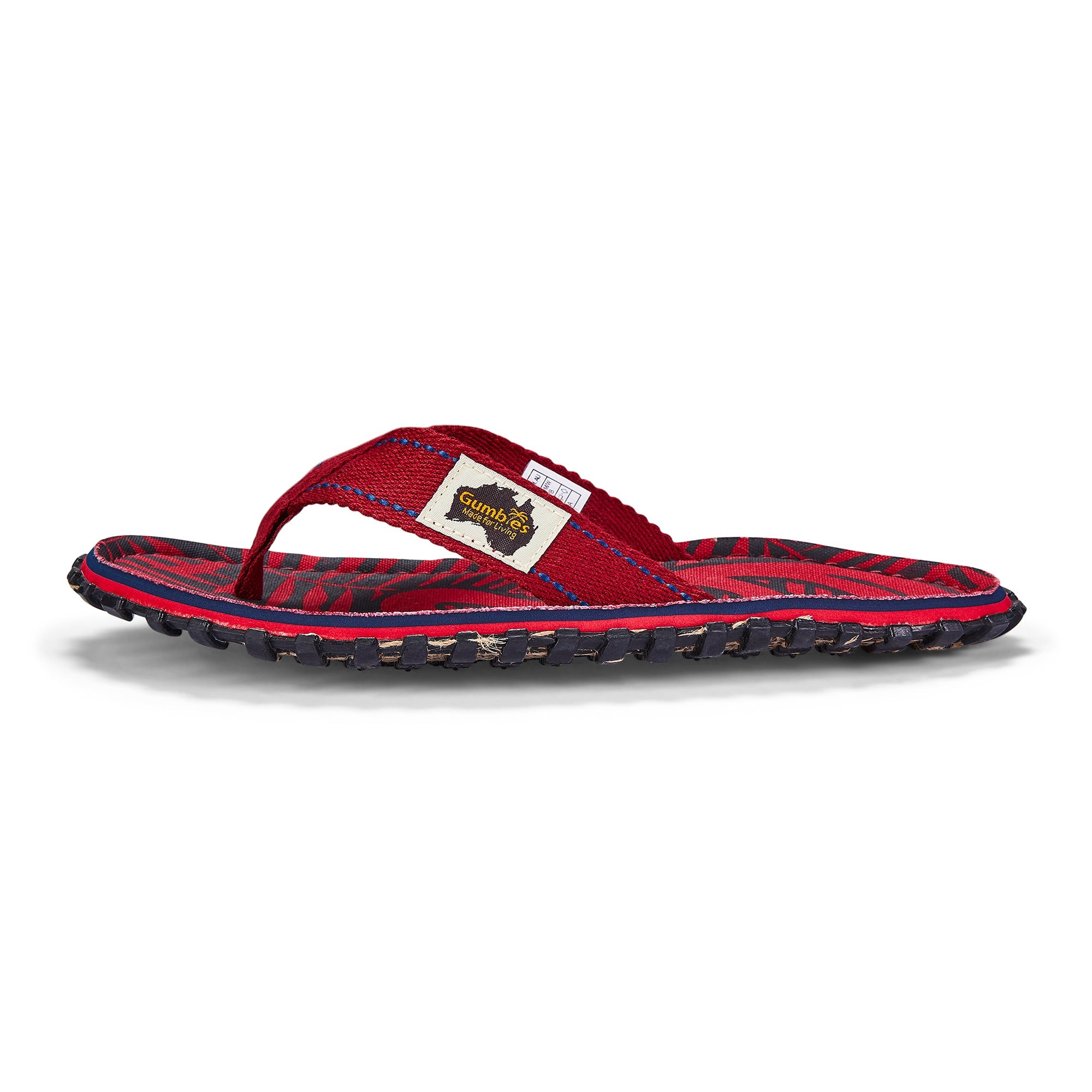 Red and blue sandal with a brand logo on a white background