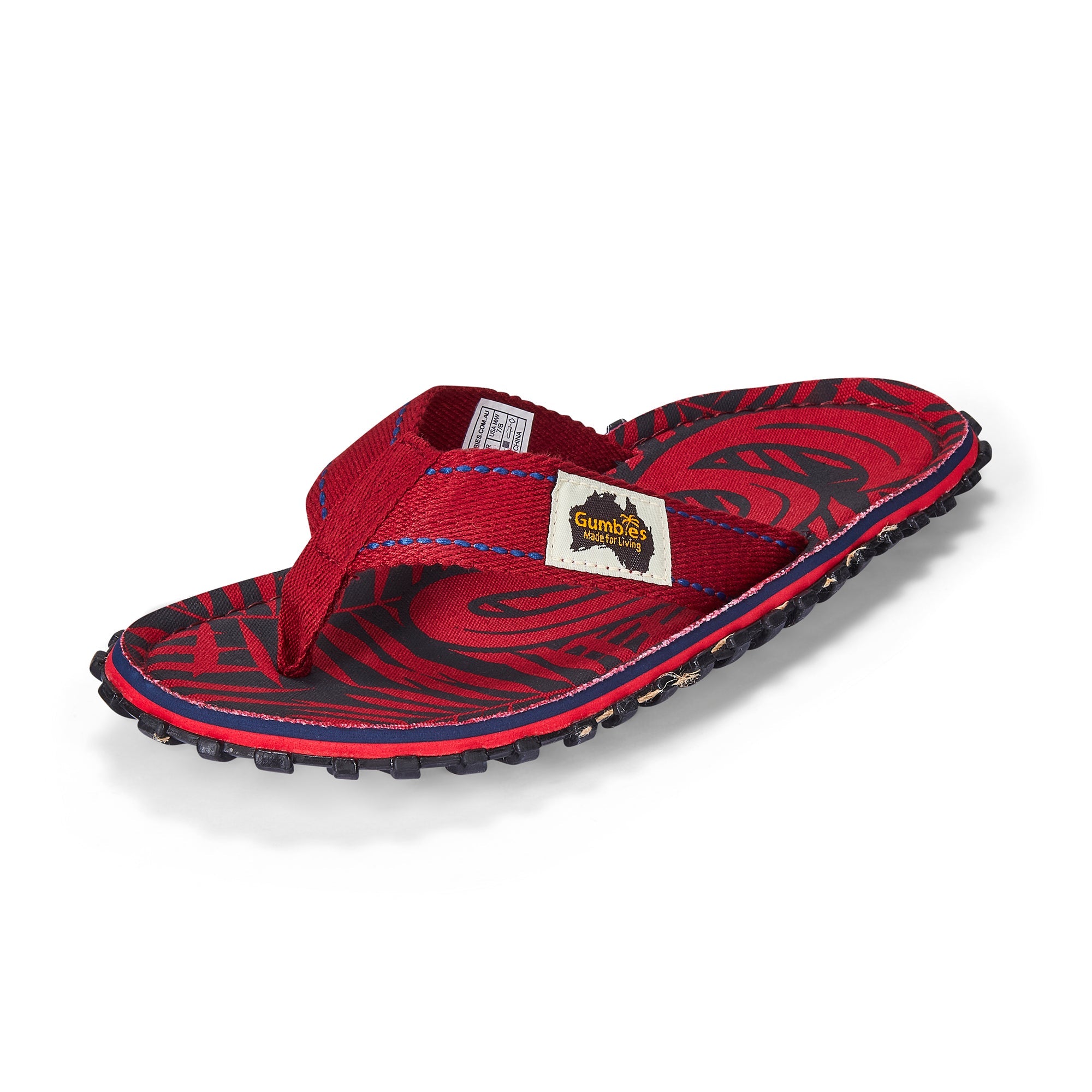 Red and black sandal with a visible brand logo on a white background