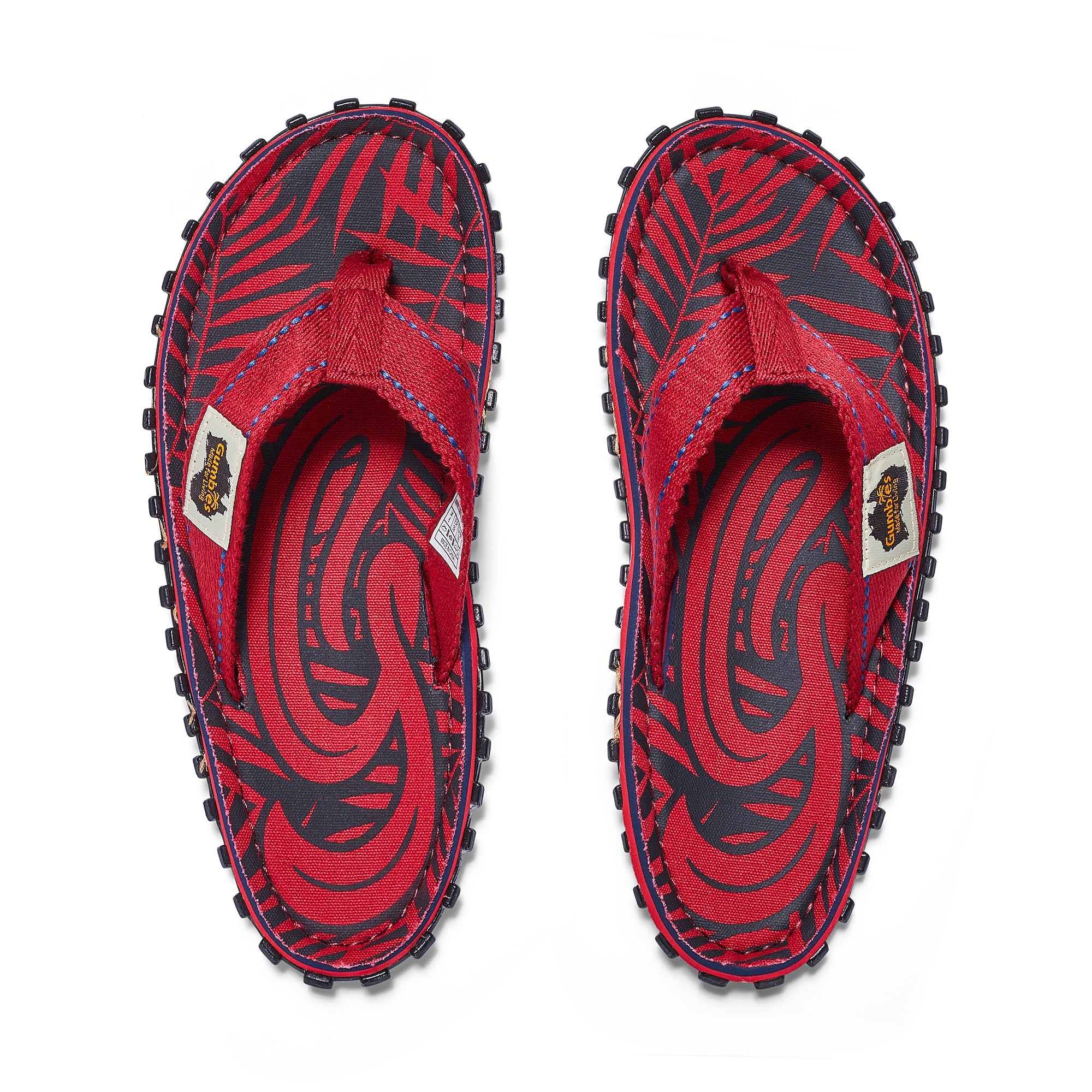 Red and black patterned slippers on a white background