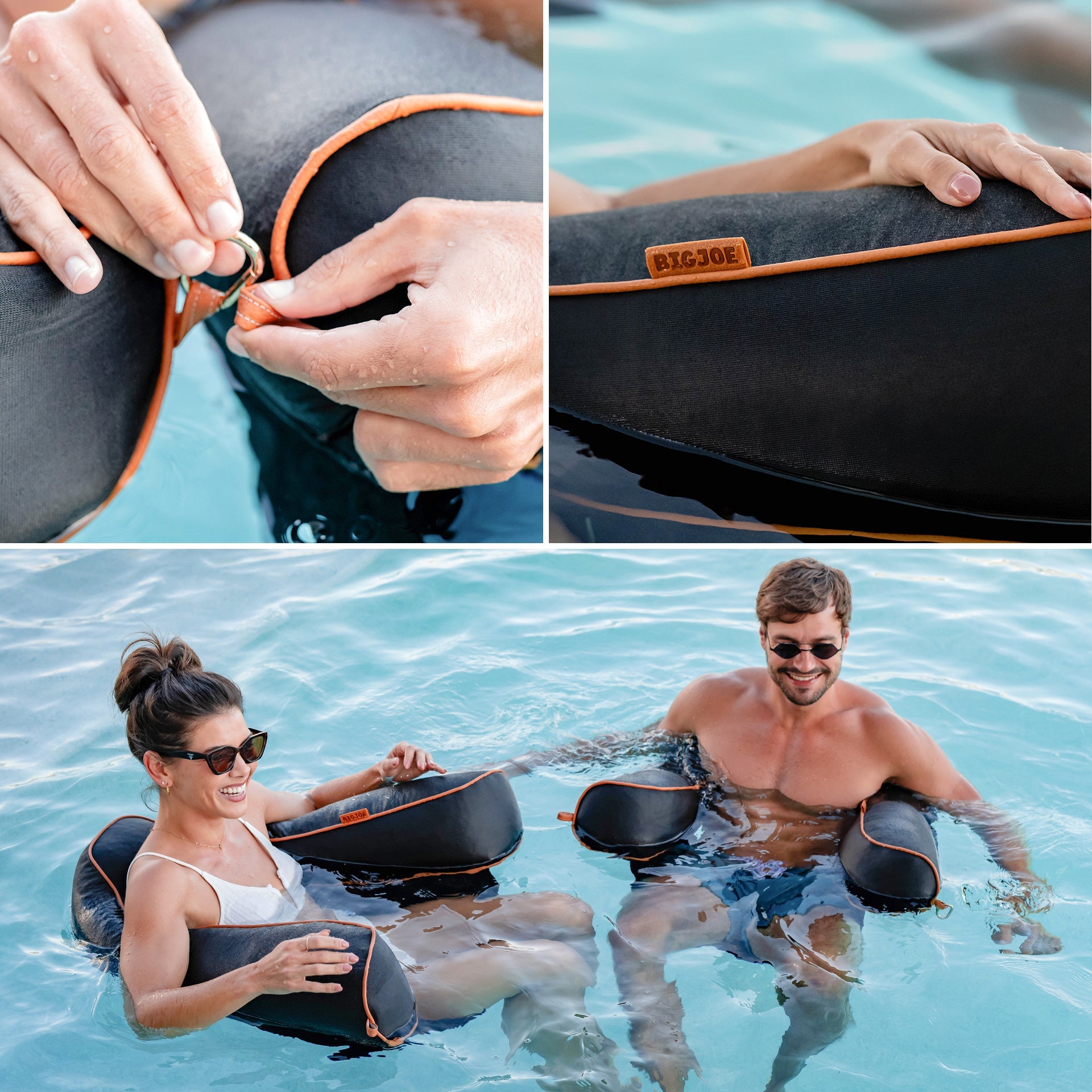 Collage of a person inflating a black and orange inflatable pool toy with 'BIGJOY' branding, and two people using the toy in a pool.