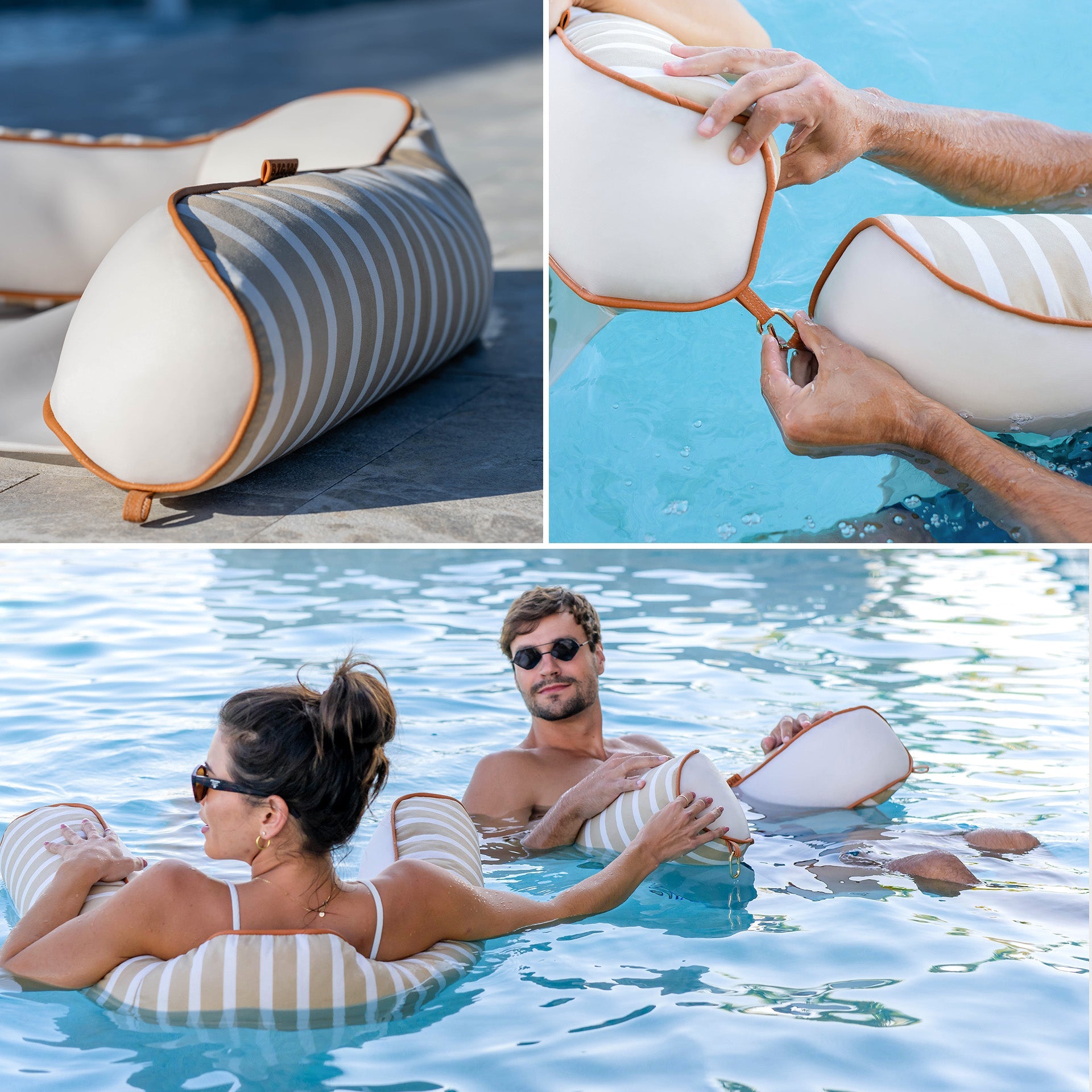 Collage of a striped inflatable pool float being used by people in a pool.