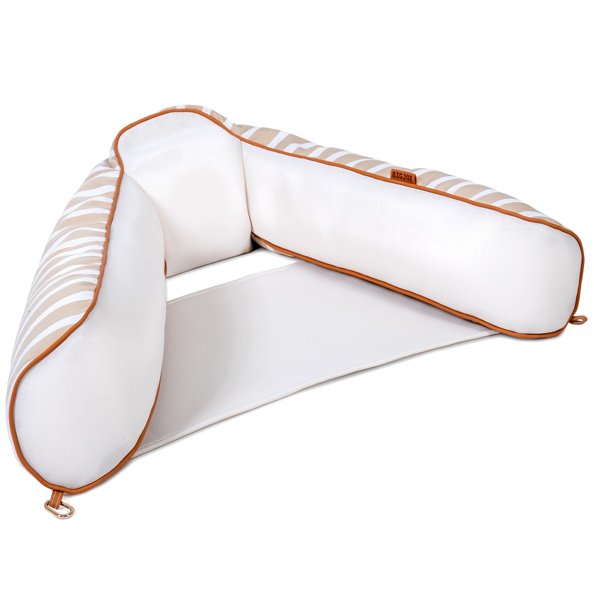 White and gold U-shaped pillow on a white background