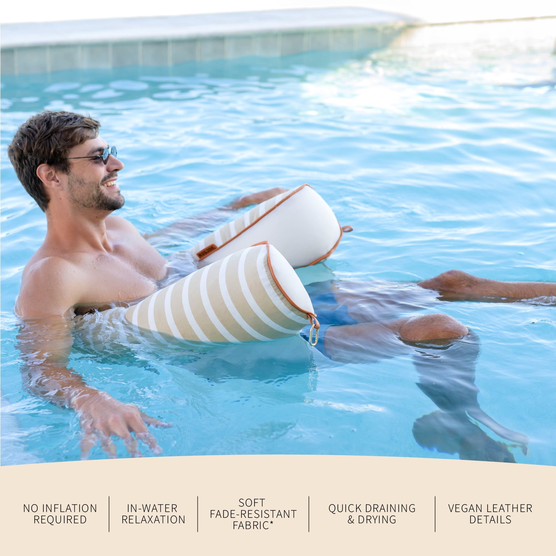 Man relaxing in a pool with striped floaties, text about product features.