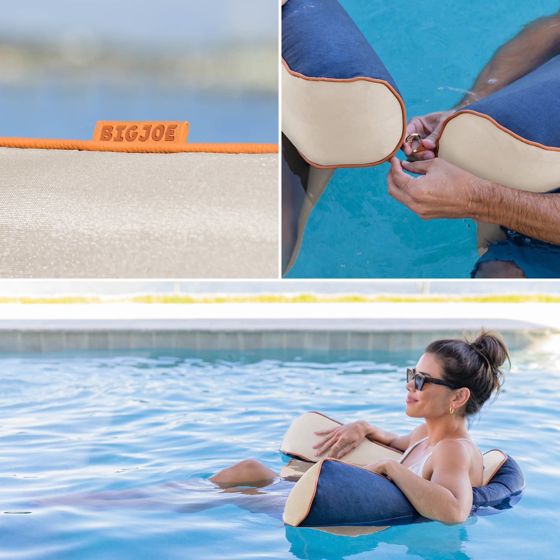 Inflatable pool float with BigJoe branding, being held by a person, and used by a woman in a pool.