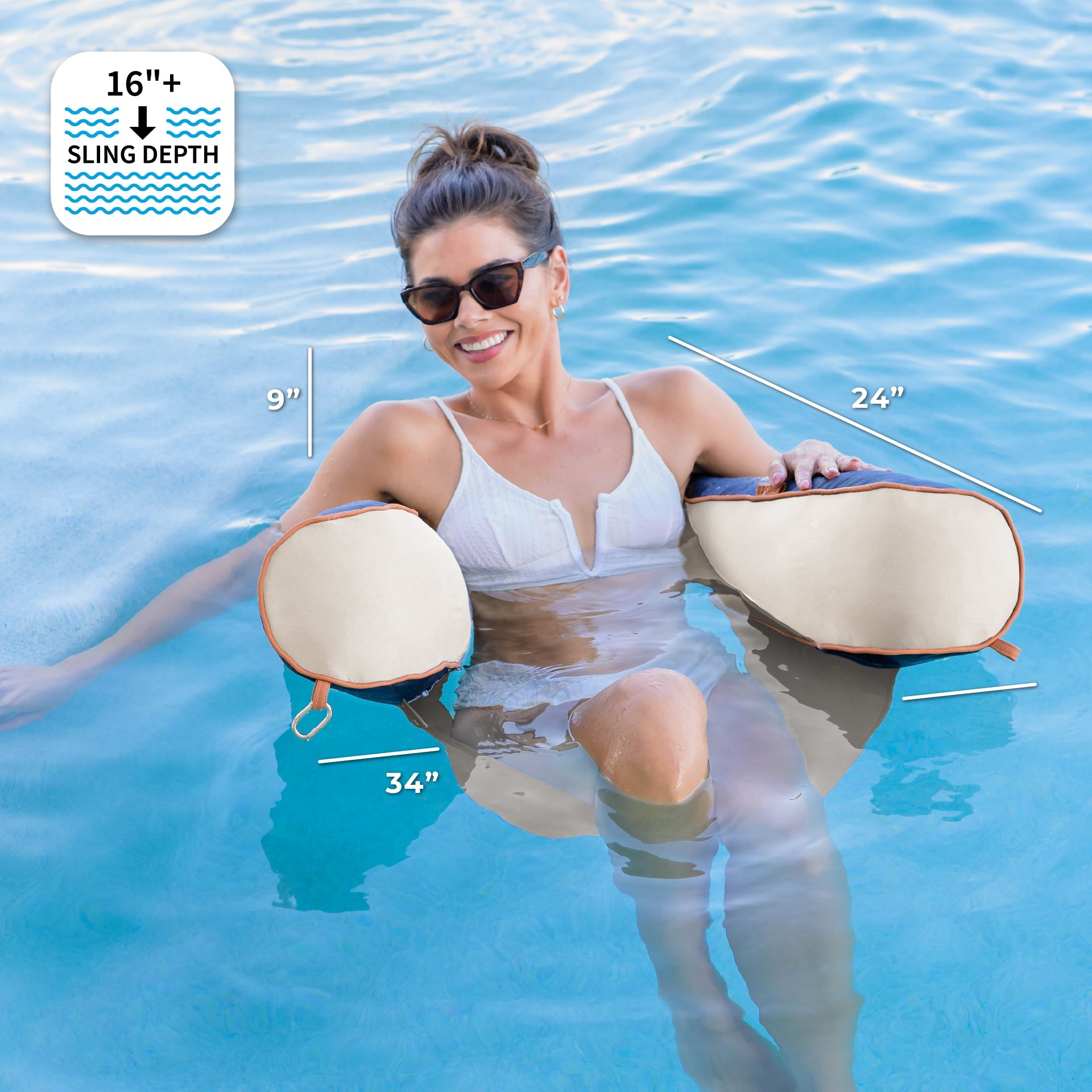 Woman in a pool with a product showing measurements