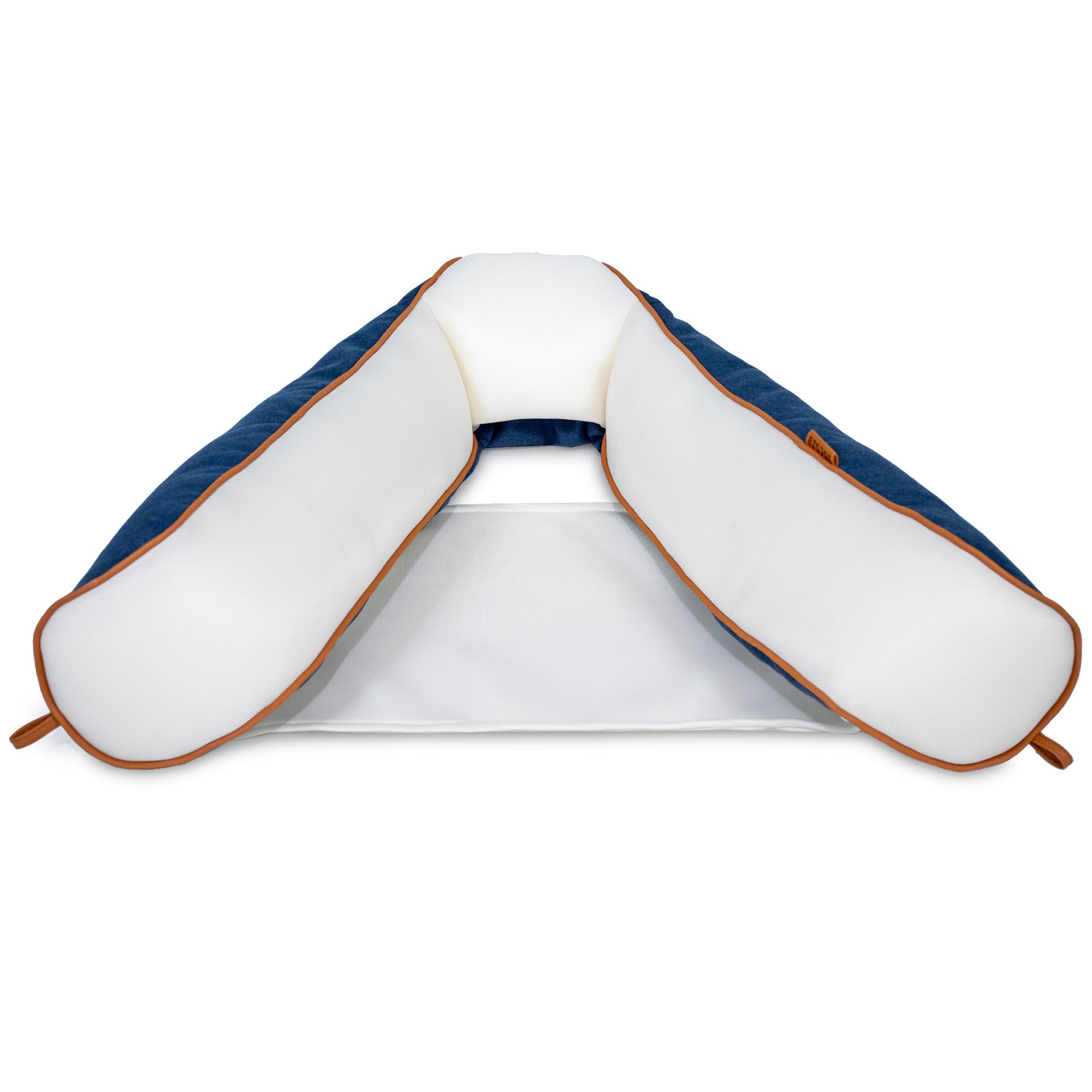 U-shaped travel pillow with blue and brown accents on a white background