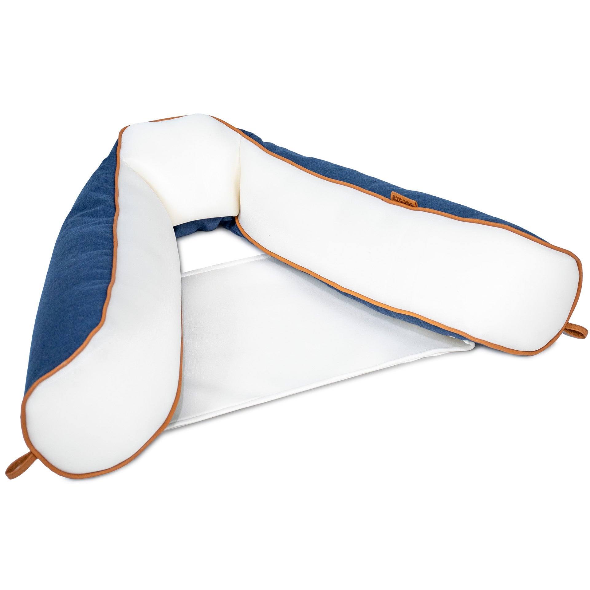 Blue and white travel pillow on a white background