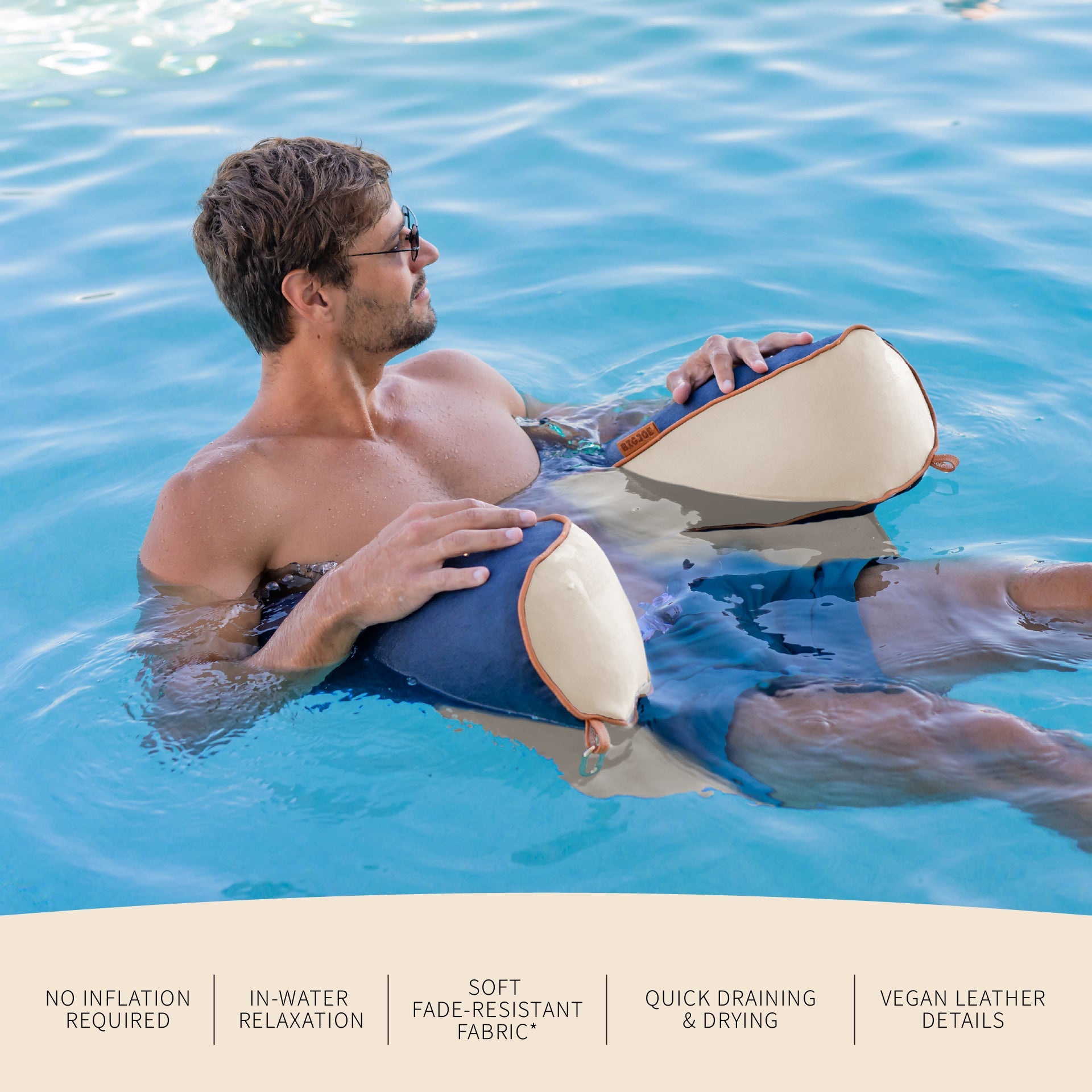 Man holding a inflatable product in a pool with text highlighting features.