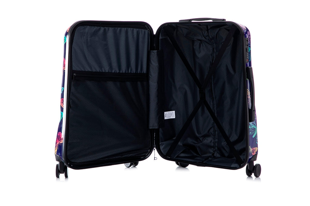 Black suitcase with colorful floral pattern on a white background