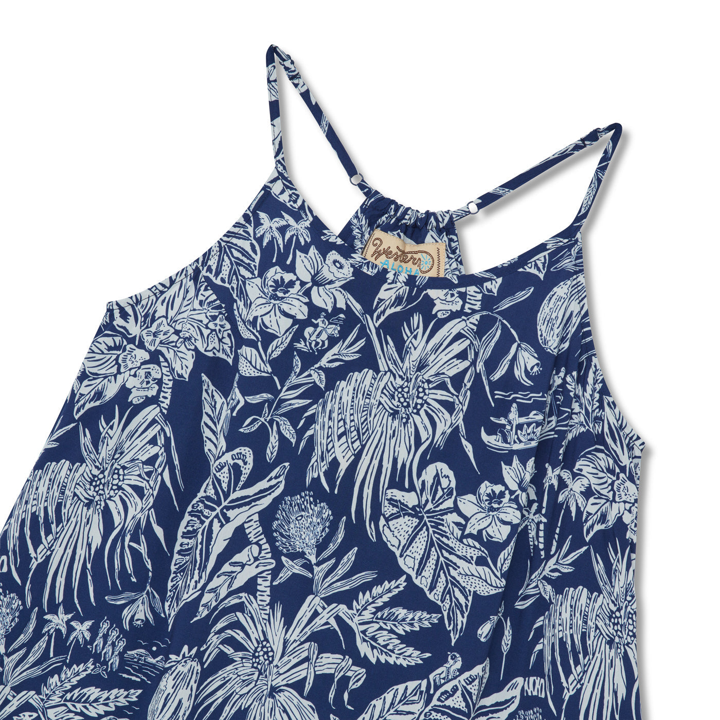 Navy blue dress with white floral pattern on a white background